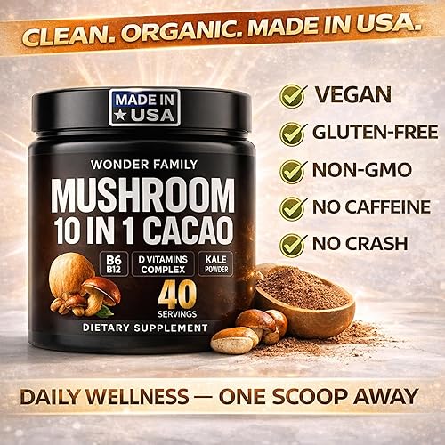 Miniatura 8 de Instant Mushroom Powder 10:1 – Cordyceps Mushroom Supplement with Reishi, Chaga & Shiitake – Caffeine-Free Nighttime Drink with B6, B12, D +
