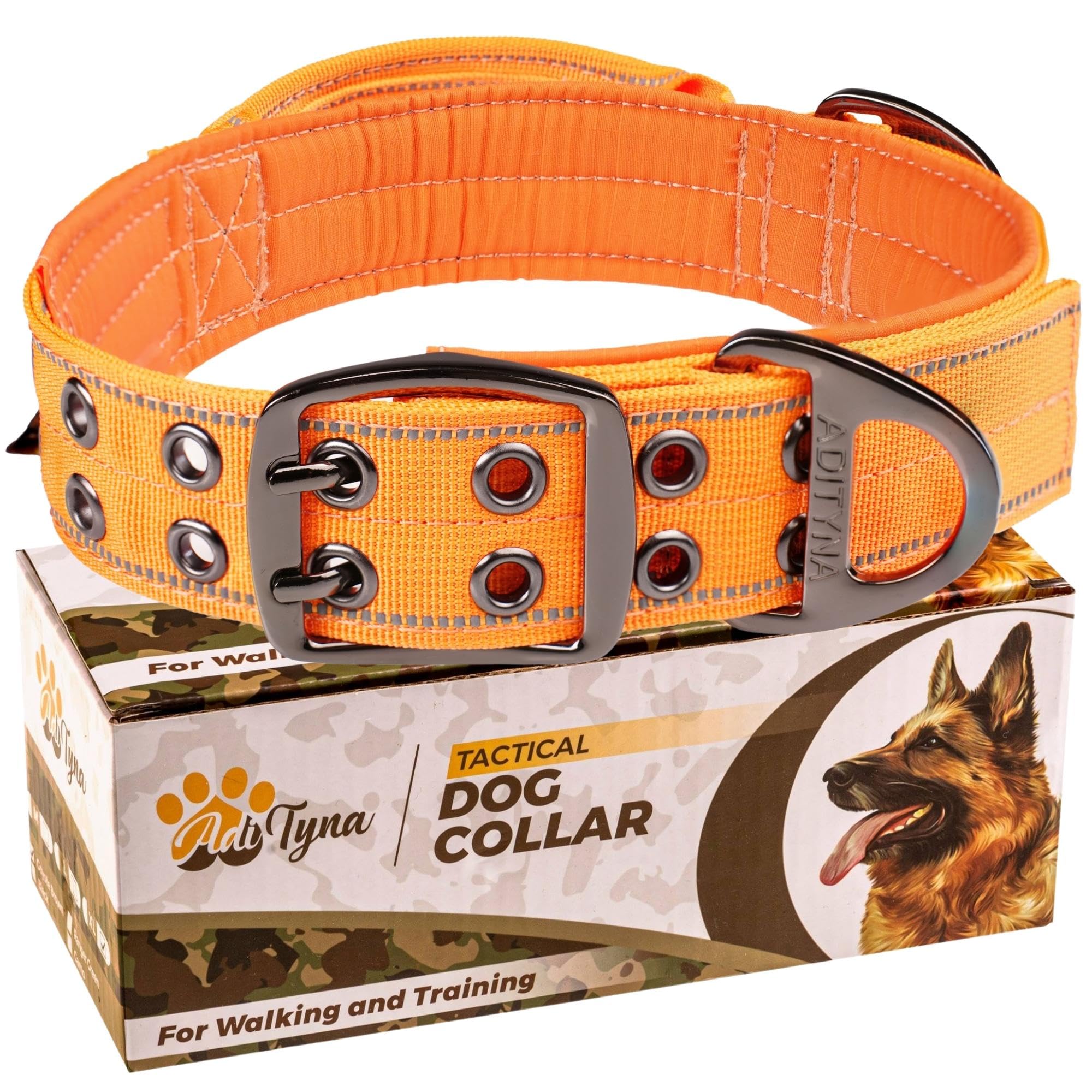 ADITYNA Heavy Duty Dog Collar for Extra-Large Dogs - Reflective Orange Collar with Handle for Training, and Walking - Wide, Thick, Tactical, Soft