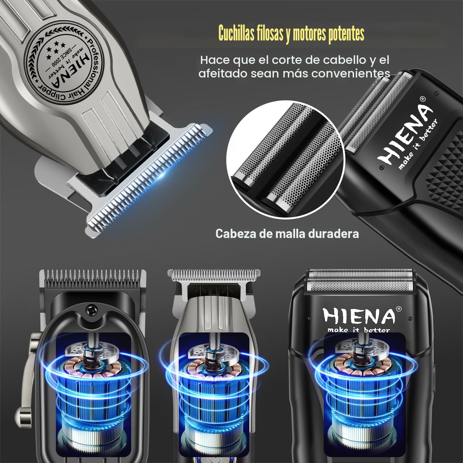 HIENA PRO Cortapelos Inalámbrico, Set de Recortadora de Pelo Profesional y Afeitadora de Aluminio Para Hombre, Maquinilla de Afeitar Eléctrica, Recortadora de Barba