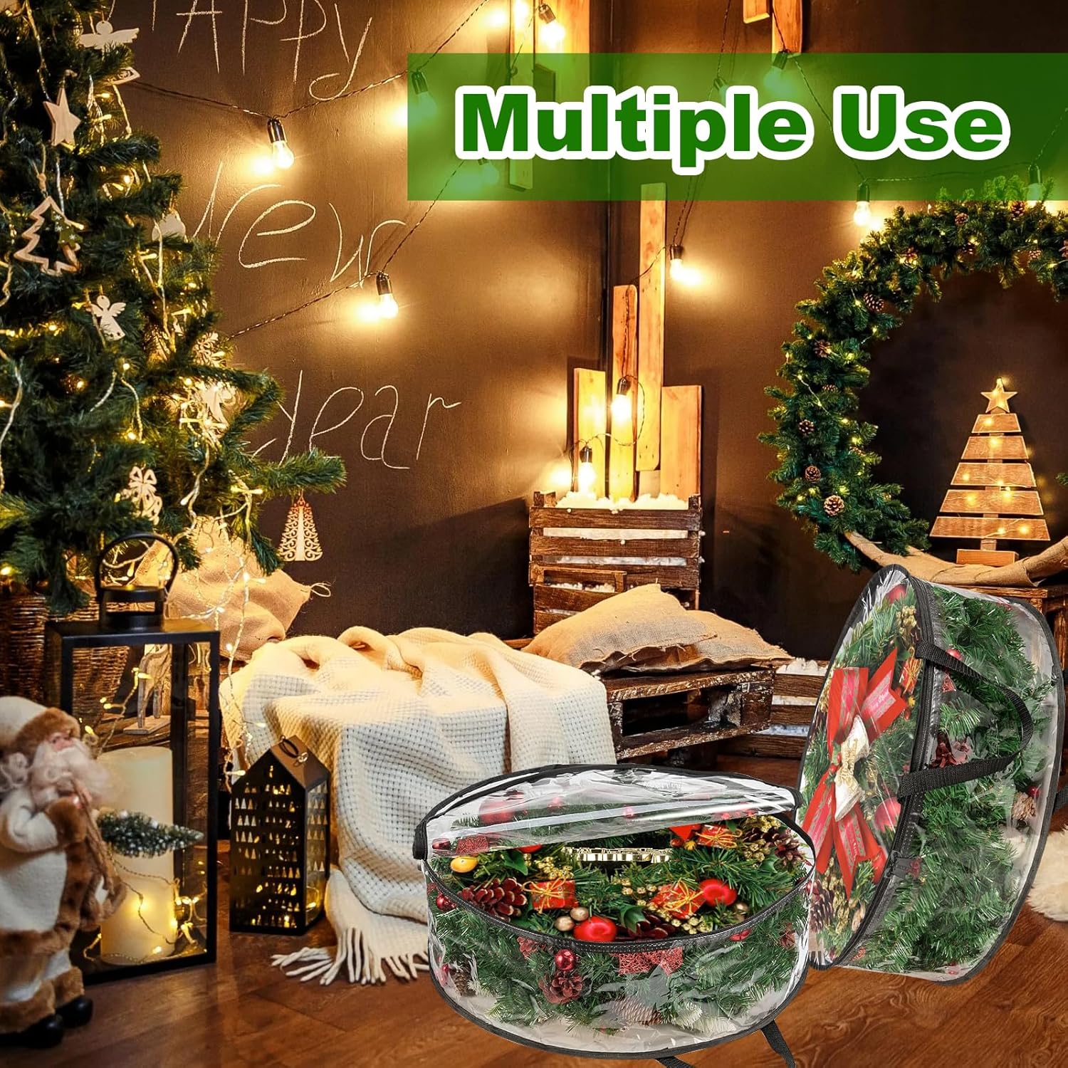 SHUESS 5 Pack Clear Wreath Storage Bags, 24 x 8 Inch Christmas Wreath Storage Container, Heavy Duty PVC Wreath Protector with Dual Zippered and Reinforced Handle for Holiday Seasonal Wreath Garland