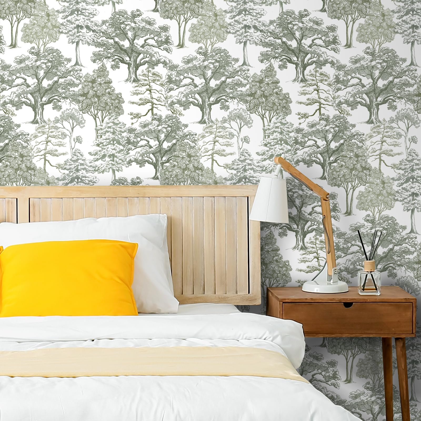 Livelynine Carta da Parati Toile de Jouy Verde Grigio Chiaro 44.5CMx7M Carta Adesiva per Pareti disegni Fantasia Bosco Alberi Grigio Bianco Rivestimento Adesivo per Mobili Fantasia Foresta Piante
