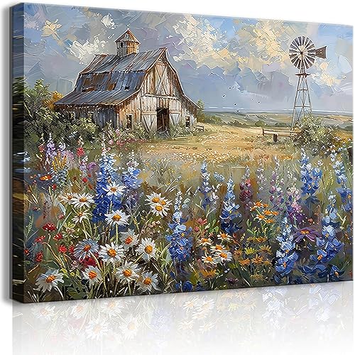 Barn Windmill Canvas Wall Art Blue Country Wildflowers Meadow Wall Decor Country Farmhouse Landscape Picture Poster Print for Kitchen Living Room Bedroom Ready to Hang (12x16in Canvas)