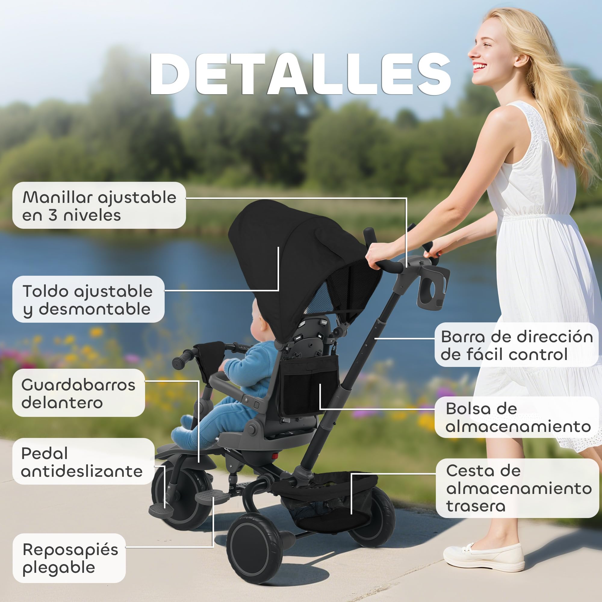 AIYAPLAY 6 in 1 Triciclo Passeggino Bici per Bambini 1-5 Anni Fino 25Kg, Triciclo Pieghevole con Sedile Girevole Fronte Mamma o Strada, Cappottina, Maniglione, Borsa, Ruote e Cintura a 5 Punti, Nero