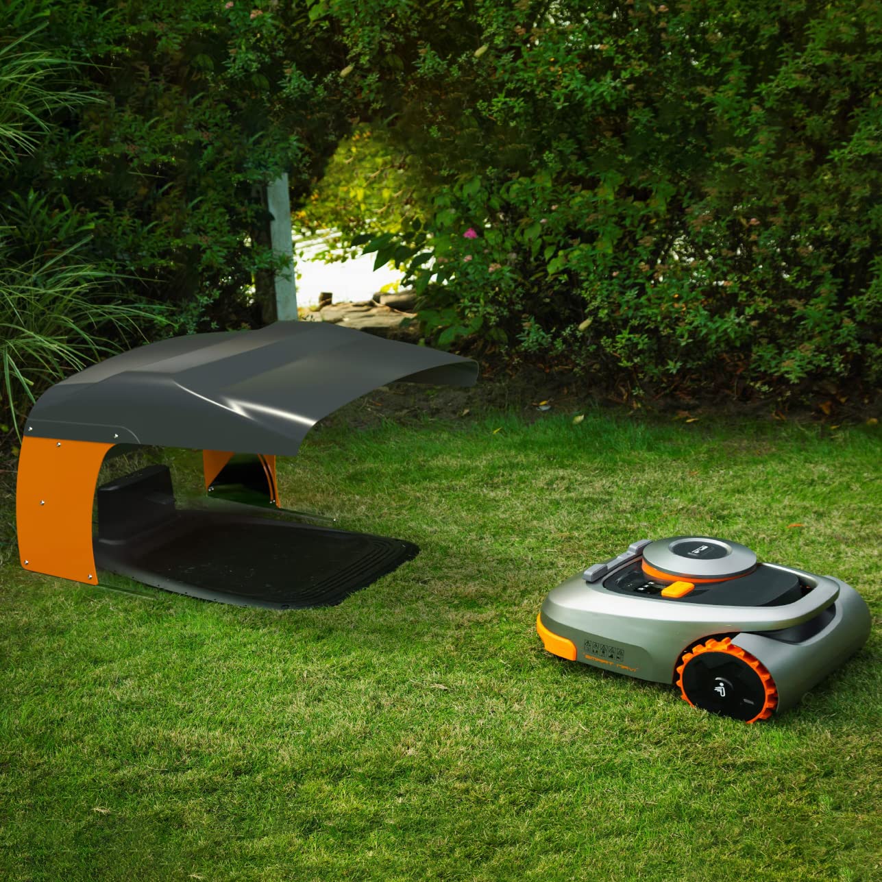 Idea Mower Garaje Robot cortacésped Vader Navi acero inoxidable aluminio compuesto materiales metálicos, estación de carga, fijación a tierra – Compatible con Segway NaviMow (negro/naranja)