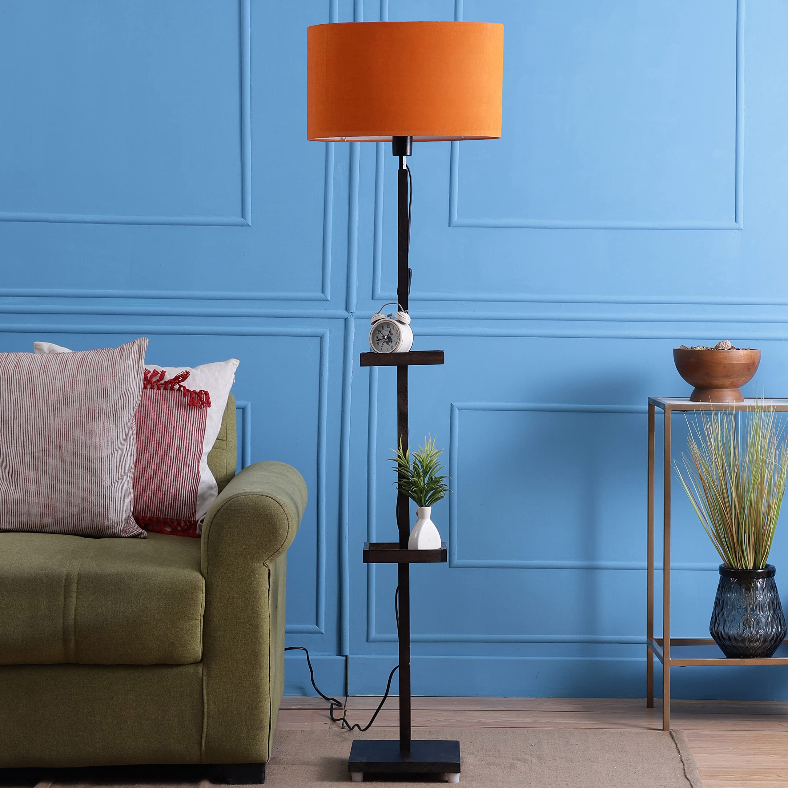 SANDED EDGE - SMARTLY PRICED Miller Double Shelf Floor Lamp in Solid Wood with Natural Wood Color Base and Black Color Shade for Home Décor and Living Room -Pack of 1