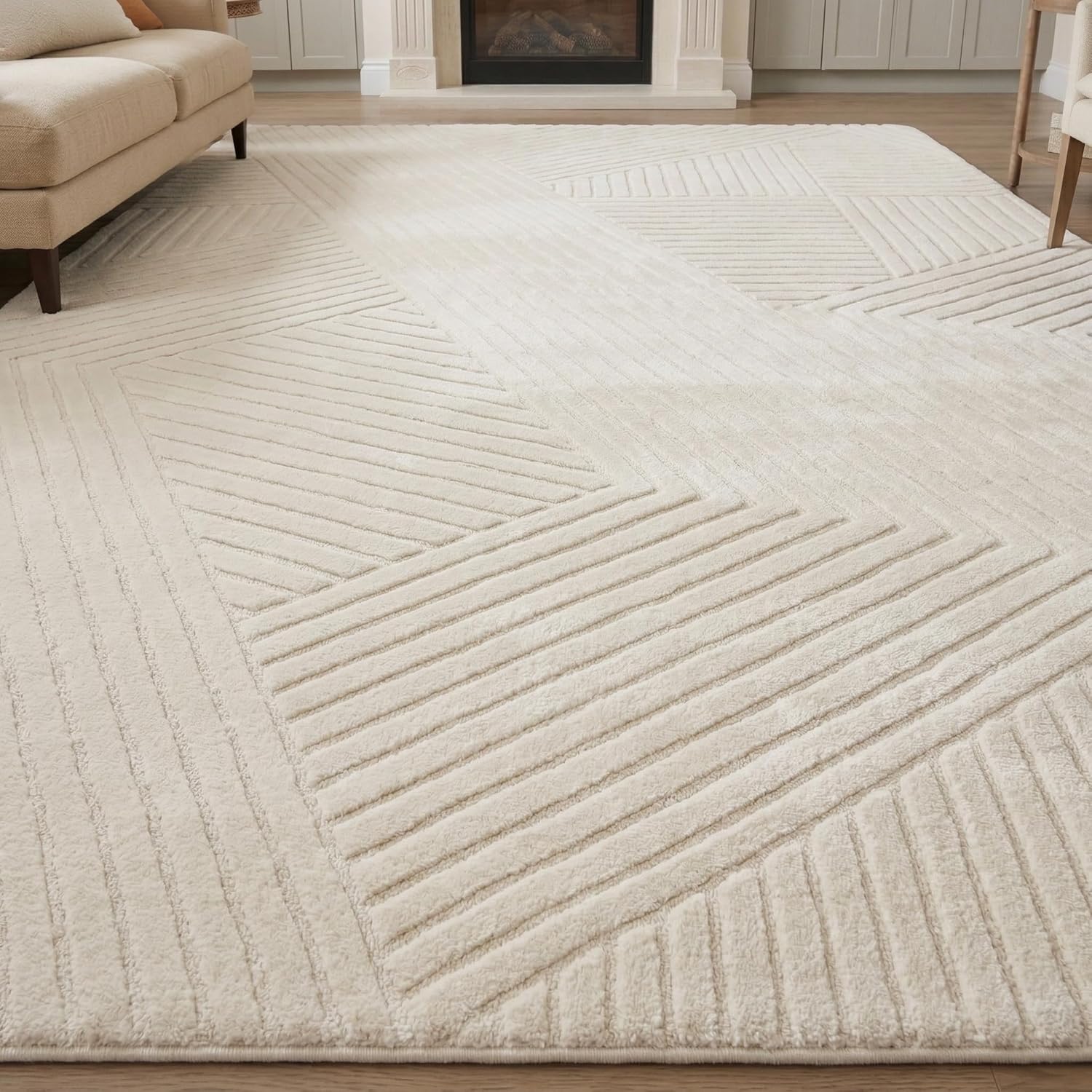 8x10 Solid Color Area Rug, Washable Beige Modern Geometric Living Room Rug,Minimalist Linear Carpet with Soft High-Low Pile, Fluffy Floor Rugs for Bedroom, Kids Room, Nursery, Home Déco