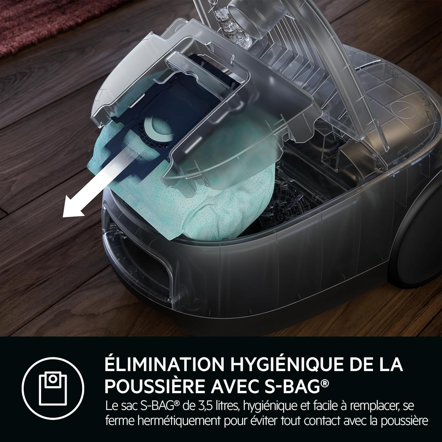 Ачык view of the AEG Hygienic 6000 vacuum cleaner with the dust bag compartment open, showing the S-bag being hygienically removed, emphasizing its sealed dust disposal.