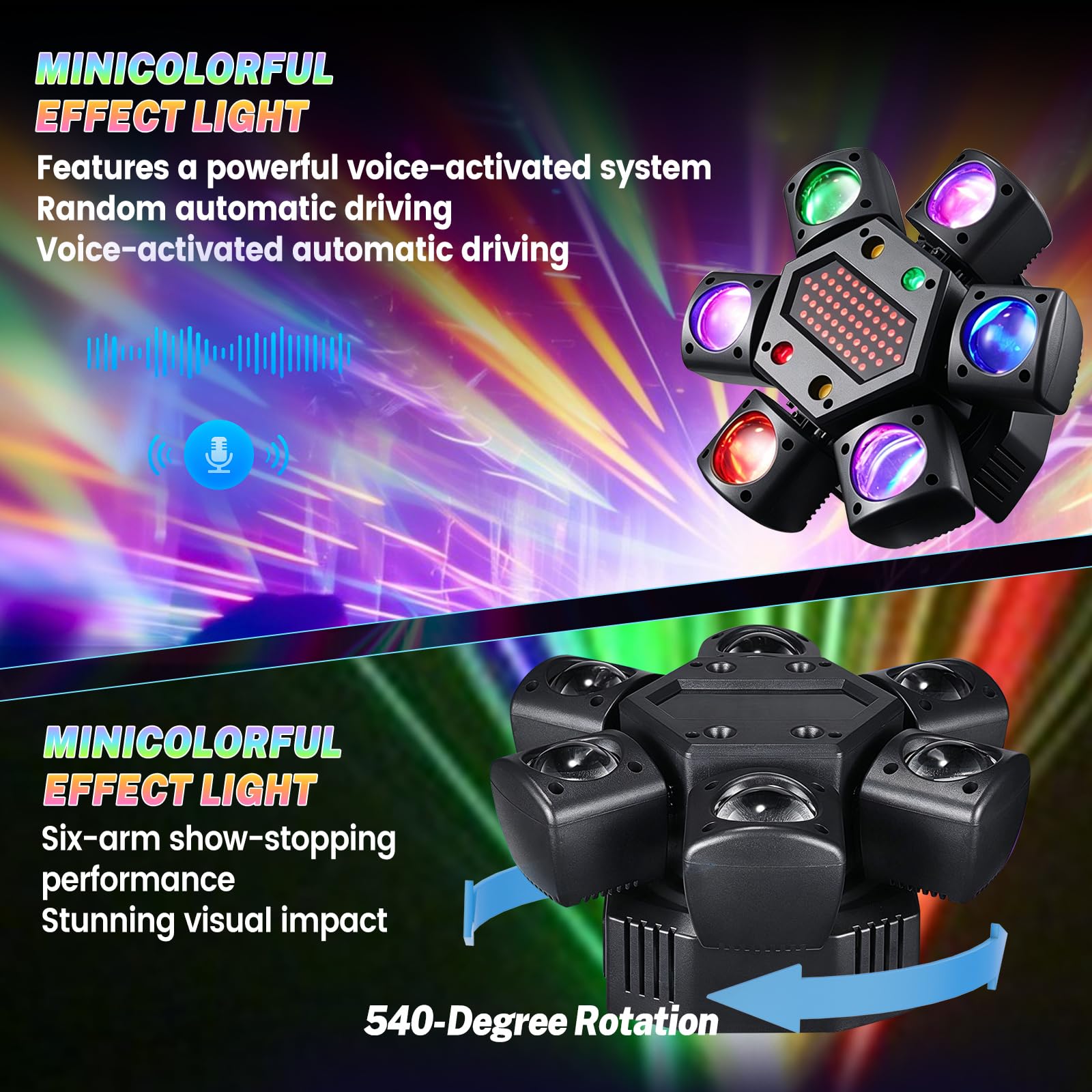 80 W Moving Head DJ Effet lumineux avec télécommande et contrôle de la musique Lumière stroboscopique avec 6 bras d'éclairage, 4 modes de fonctionnement, éclairage de scène pour fêtes, spectacles