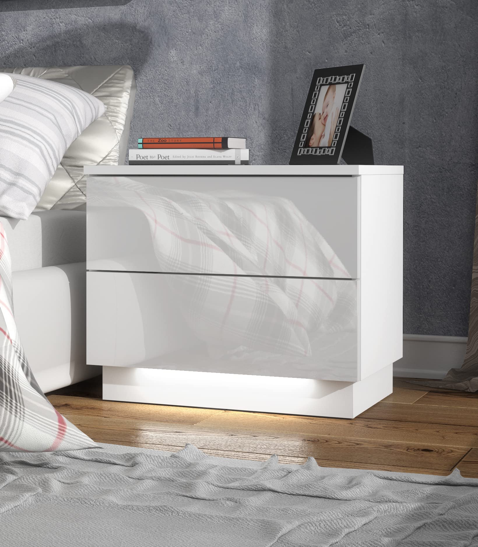 meble masztalerz Comodino con LED - Bianco con Frontale Lucido - Frontali dei tavoli lucidi - con 2 cassetti - 55,2 cm - Cassetti Senza Maniglie - Comodini Camera da Letto