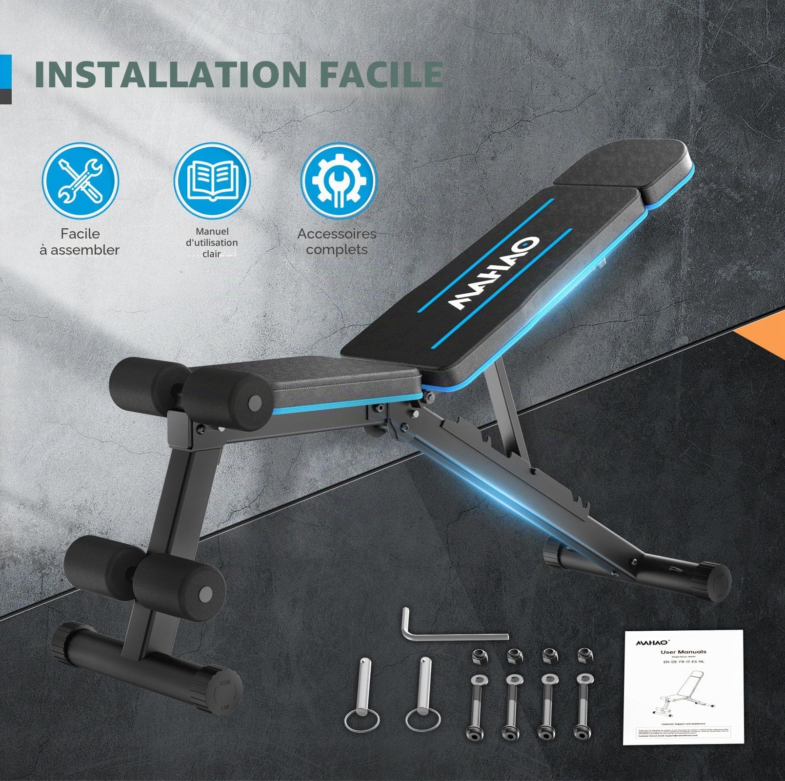 Banc de Musculation Pliable, Banc Musculation Complet Inclinable Réglable, Banc inclinable pour Exercice Gymnastique à Domicile/Bureau,230Kg capacité de poids