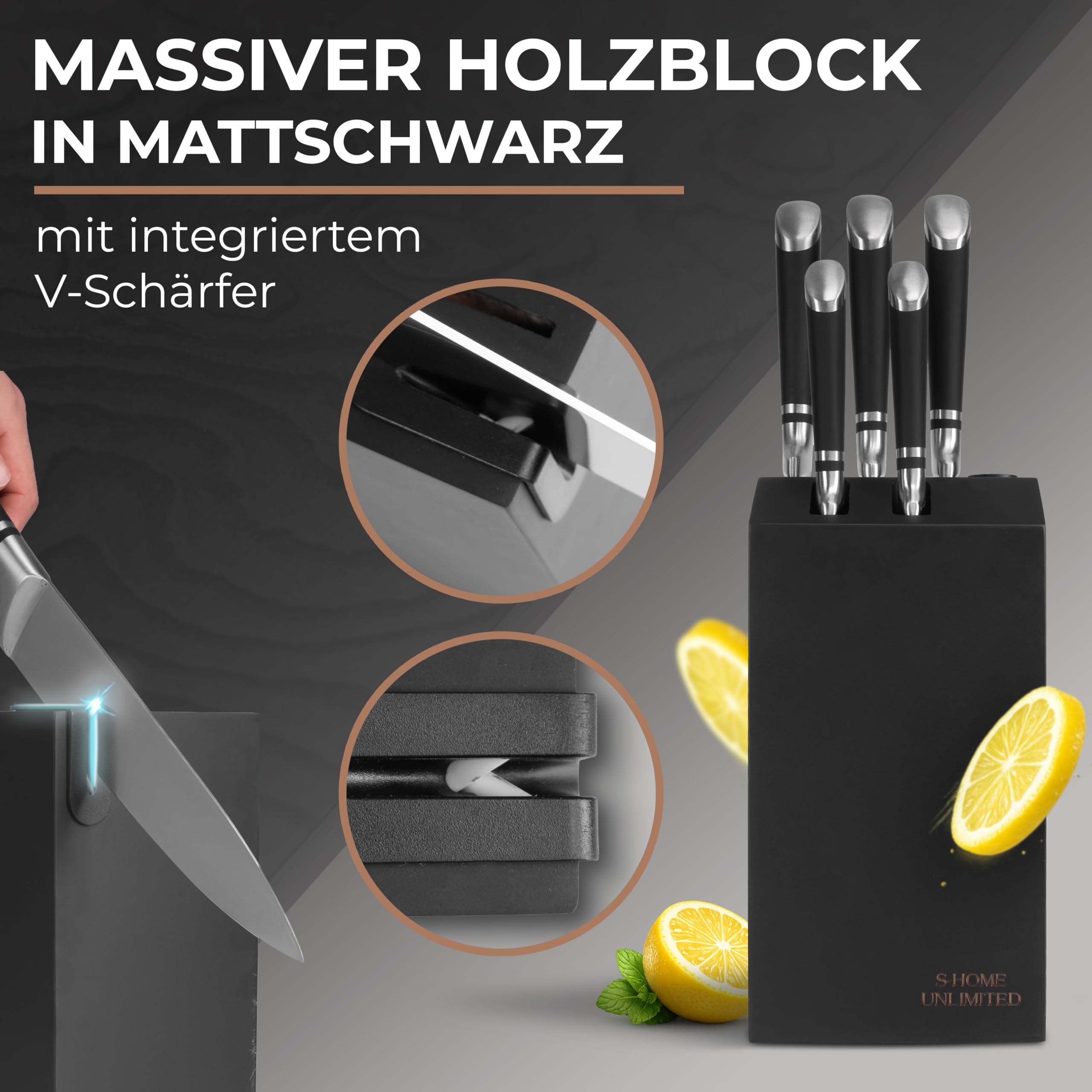 Messerblock mit Messern | 6-teiliges Set inkl. Schärfer | Ergonomische Edelstahlgriffe | Edler Holzblock in Schwarz | Extrem scharf & langlebig