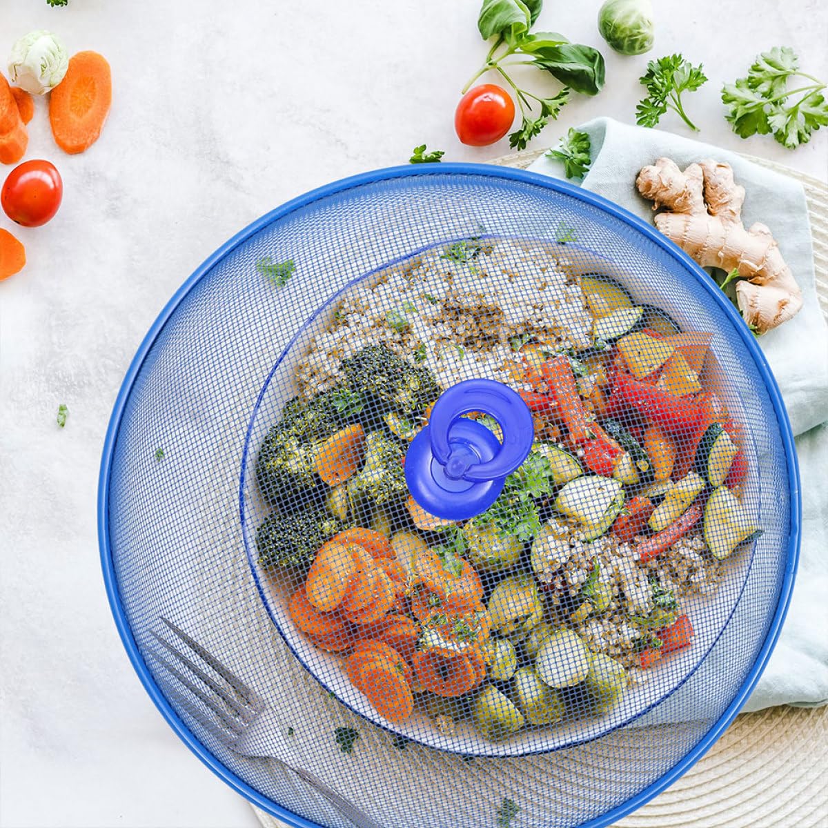 BESPORTBLE Copertura per Alimenti in Ferro Manico, 2 Pezzi, Copri Cibo a Rete Blu, Protezione Pratica Contro Insetti, per Cucina e Picnic All'aperto