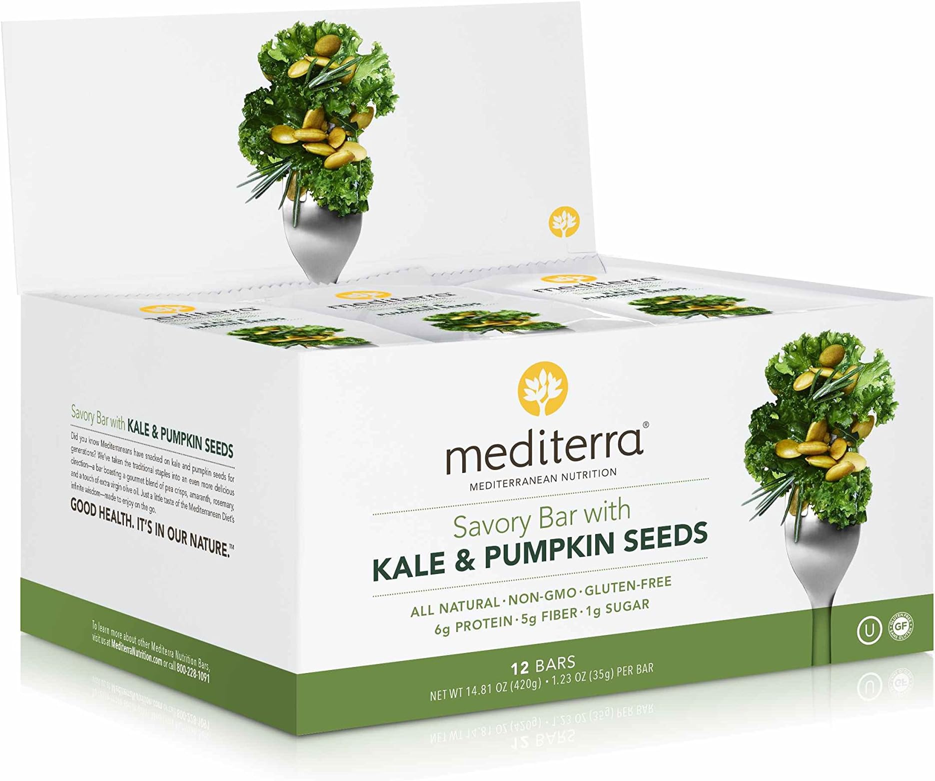 Mediterra | Savory Nutritional Bars | Kale & Pumpkin Seeds | non-GMO | Gluten-Free (12 count)