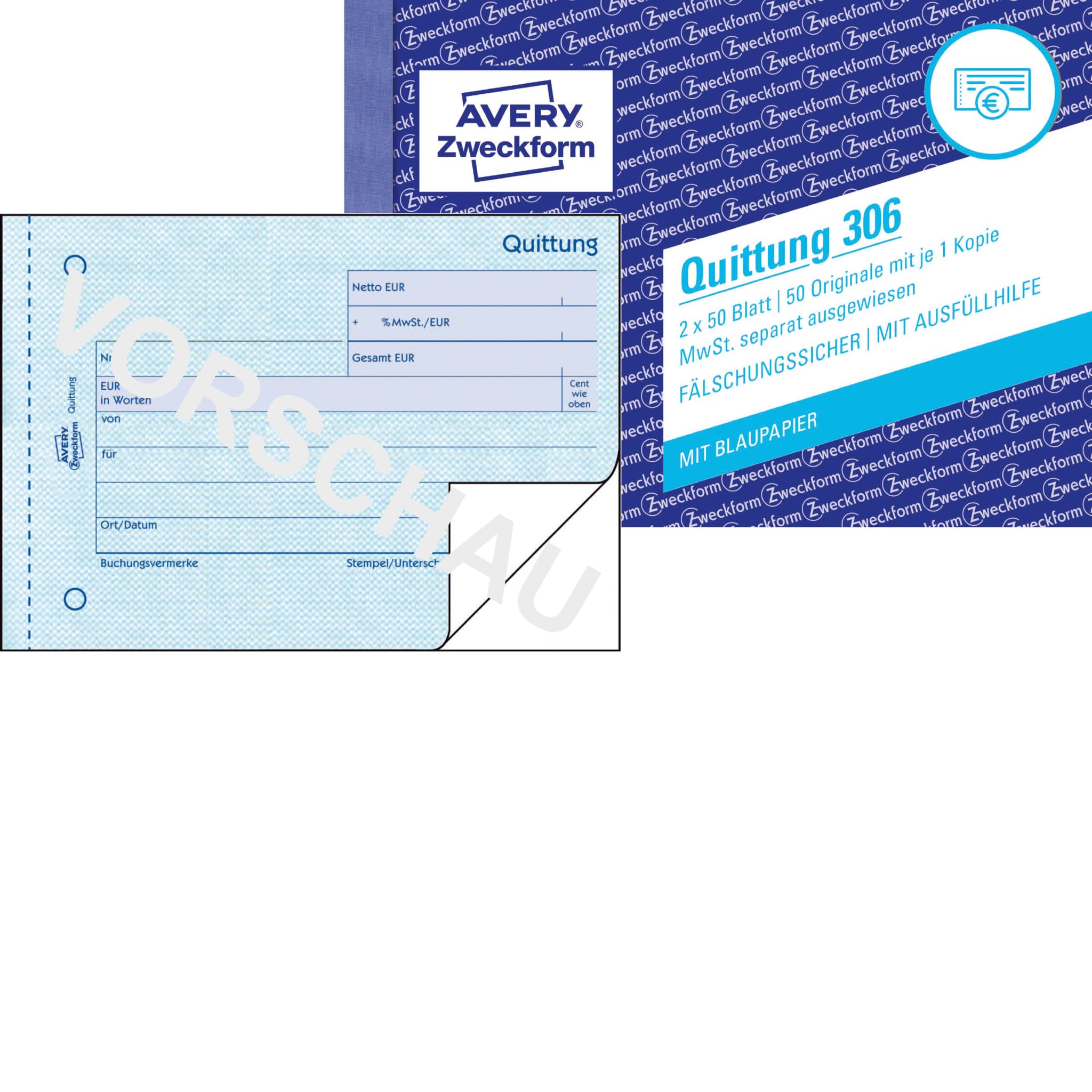AVERY Zweckform 306 Quittungsblock (A6 quer, 2x50 Blatt, mit Durchschlag, fälschungssicher, separat ausgewiesene MwSt., für Deutschland und Österreich) weiß (20 Stück | mit MwSt)