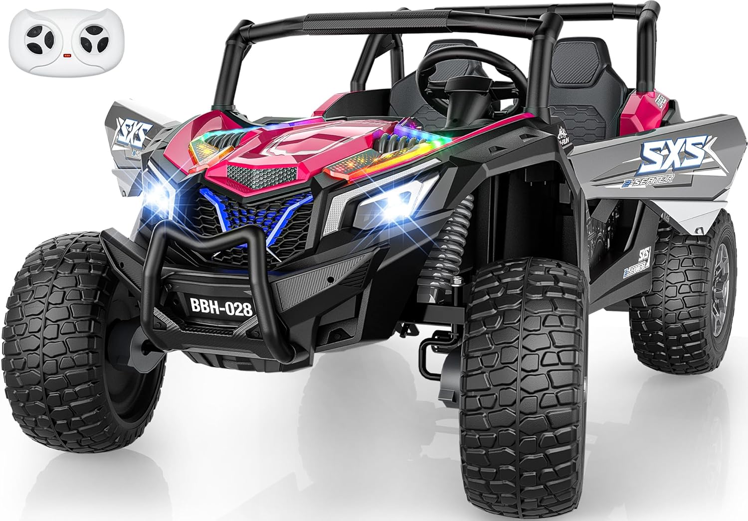 ARBELI 24V 2-Seater Ride on Toys for Big Kids Ages 3-14, 4x200W, Max 5.5mph & 220lbs Load, 15" EVA All-Terrain Tires, XXXL Ride on Car for Boys w/Remote Control, Rainbow Lights, Shock Absorbers, Pink