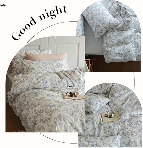 Miniatura 10 de HighBuy Juego de funda de edredón de algodón floral bohemio tamaño Queen, diseño floral azul estético tamaño Queen, juego de funda de edredón ligero