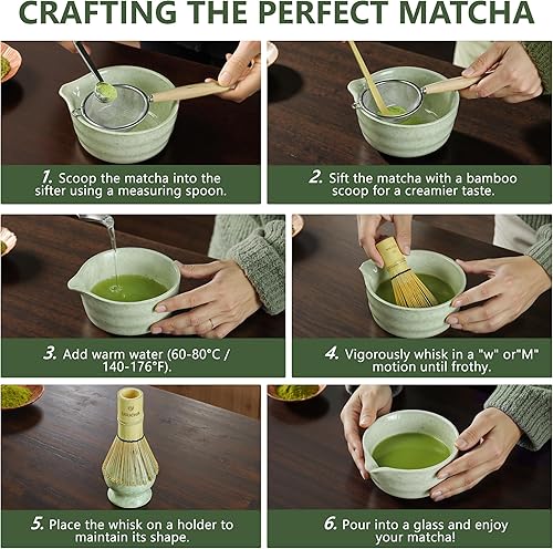 Miniatura 6 de Juego de 9 batidores de matcha, kit de cerámica Matcha incluye cuenco matcha, batidor y soporte, cuchara de bambú y reposo, vidrio con pajilla,