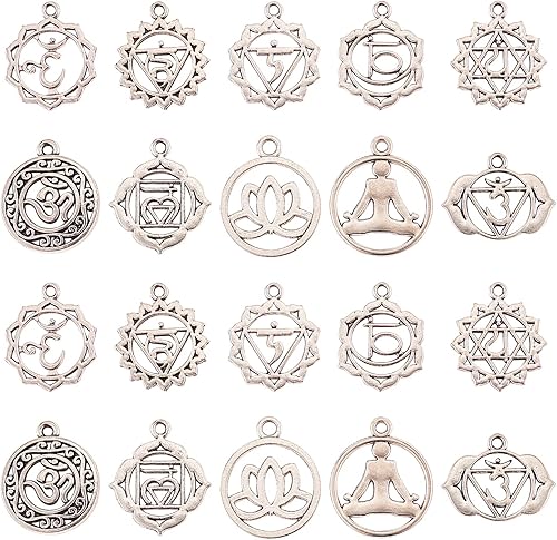 Miniatura 2 de Ipotkitt 100 unidades, 10 estilos, estilo tibetano, redondo, plano, con aleación de yoga, colgantes, adornos curativos para pulseras, collares,