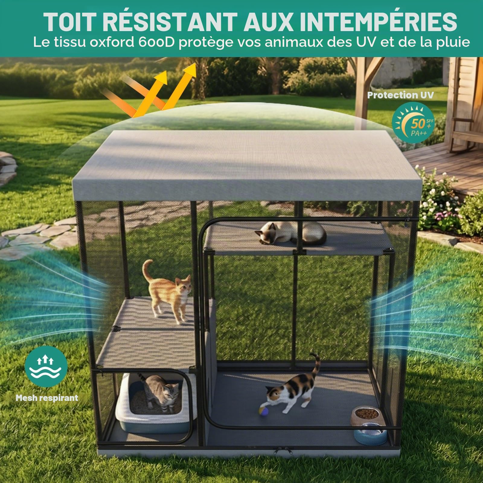 LitaiL Catio Parc Extérieur pour Chats 127 cm 3 Niveaux avec Tente en Maille