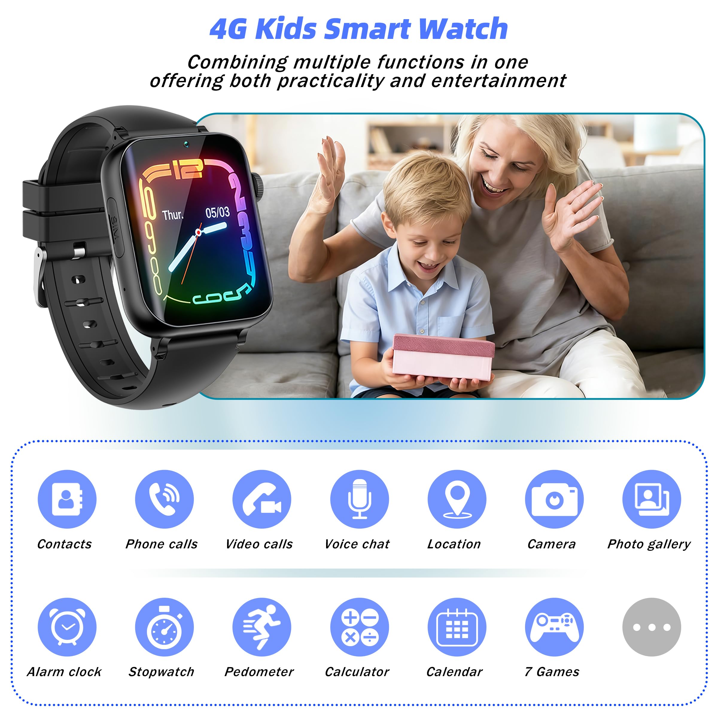Orologio Smartwatch Bambini, 1.83" Touchscreen, con 4G Telefono/Chat/Video, GPS+LBS+WiFi Posizionamento, SOS, Modalità Scuola, IP68 Impermeabile, Regalo di Compleanno per Bambino (Nero)