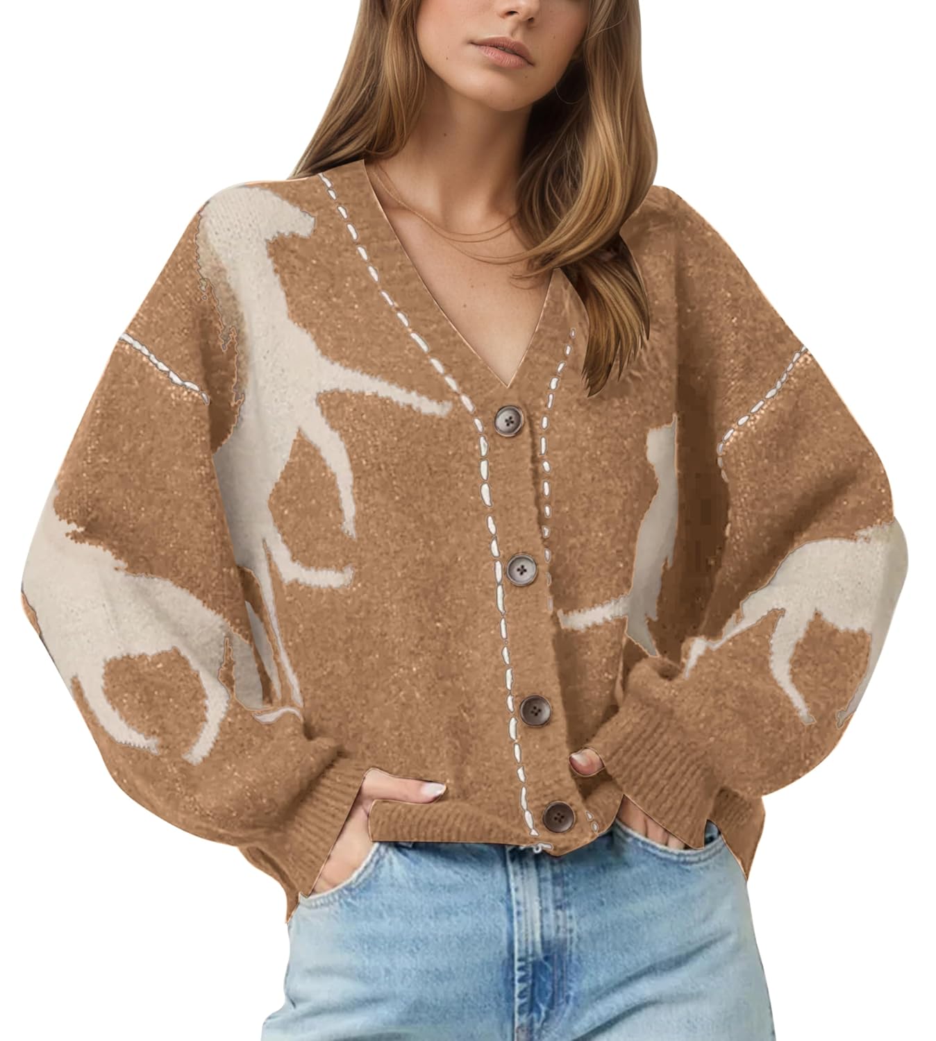 MISSACTIVER Western Cardigan Sweaters for Women Button Down Long Sleeve V Neck Horse Graphic Print Knit Sweater Jacket