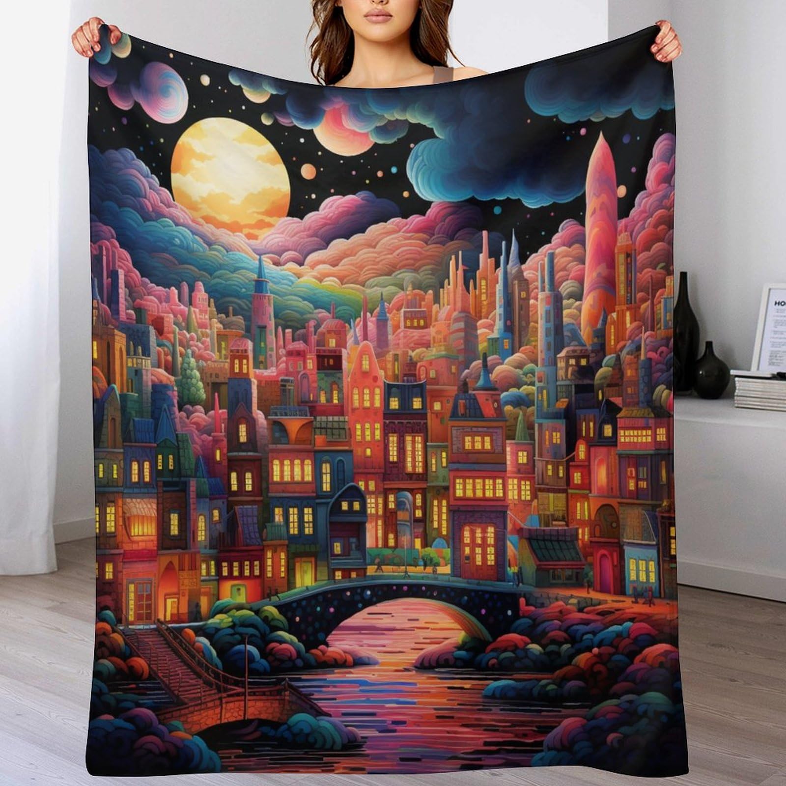 Couverture flannel Moon City 150x200cm plaid polaire peluche
