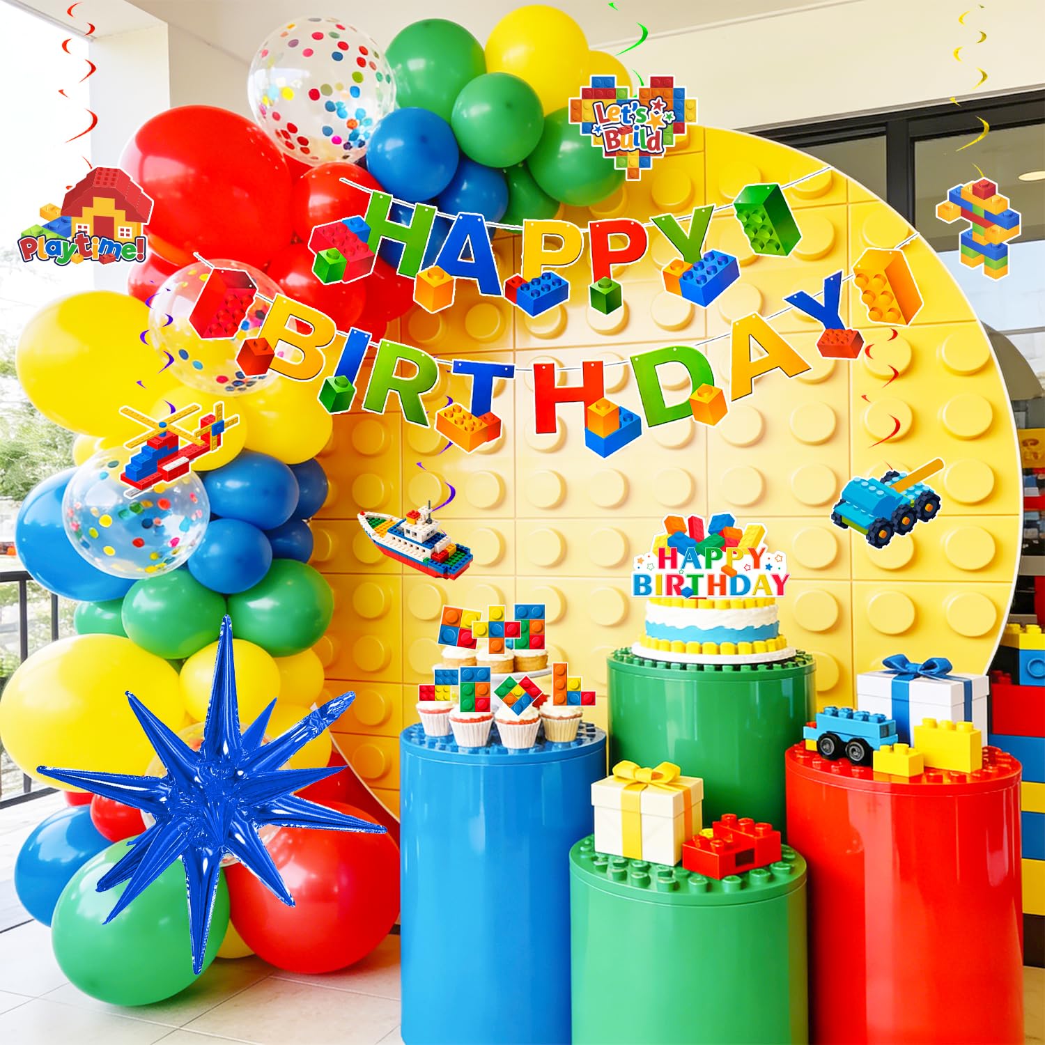 Blocchi di Costruzione Forniture per Feste,114 Pezzi Building Block Decorazione per Feste Set Banner di Compleanno Building Block Tovaglia Piatti Palloncini etc Forniture per Feste Building Blocks