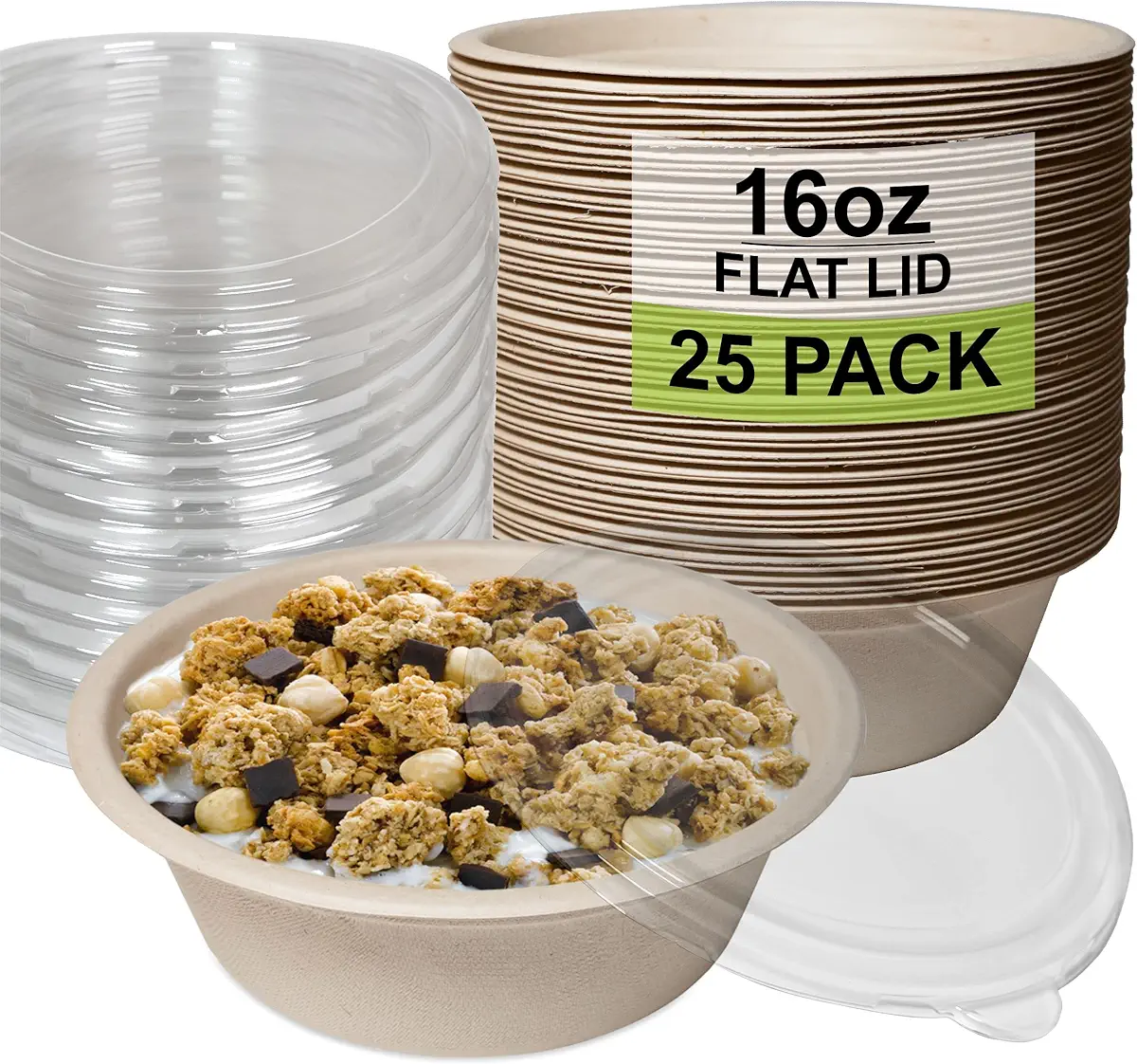 [25 Pack] 16 oz Compostable Paper Bowls with Lids Heavy-Duty Disposable Bowls, Eco-Friendly Natural Bagasse Unbleached, Hot or Cold Use, 100% Biodegradable Soup Bowls Sugarcane