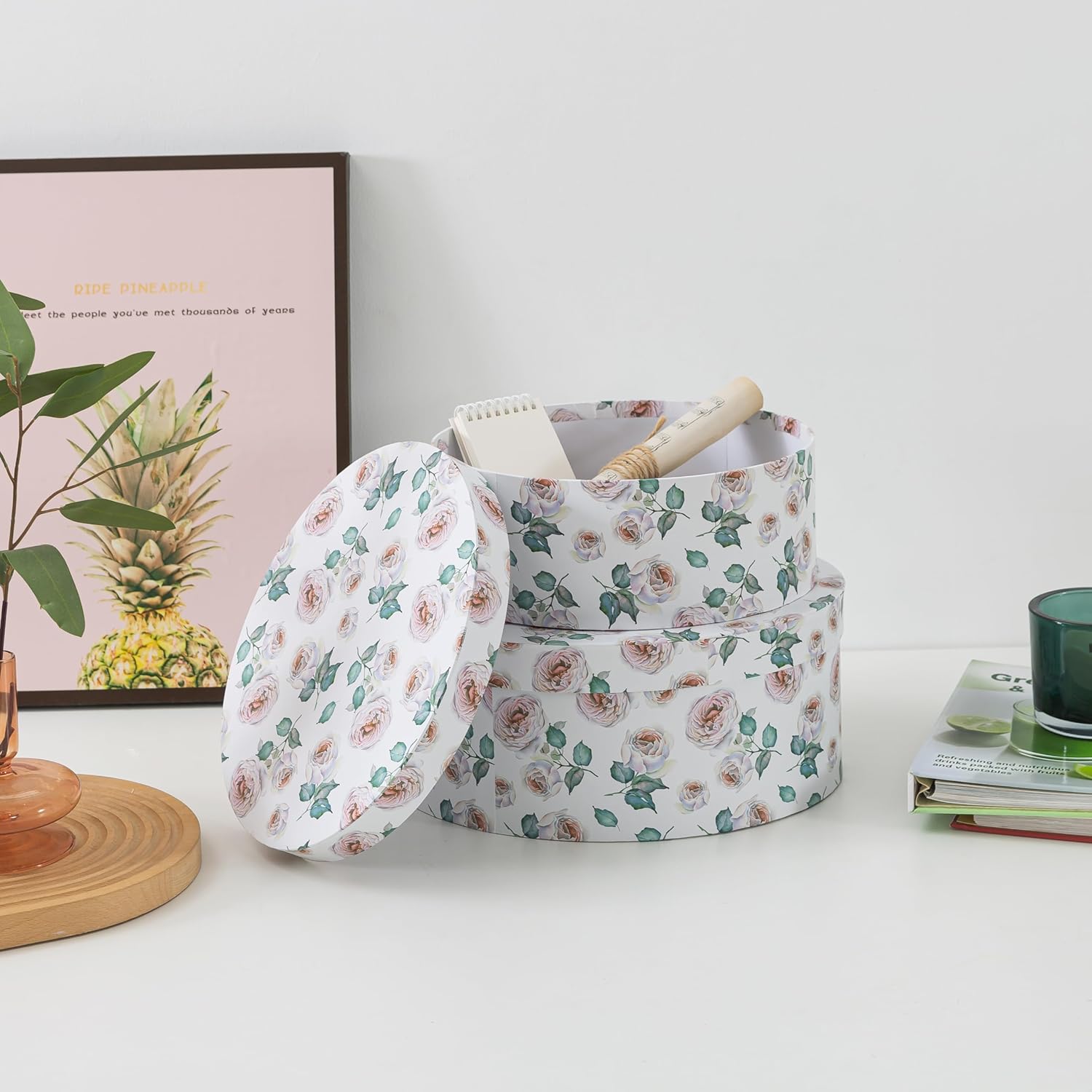 Soul & Lane Oblong Decorative Cardboard Storage Boxes with Lids, Set of 2 Floral Keepsake Boxes for Women, Oval Nesting Storage for Gifts, Home Decor, Organizing, Garden Roses