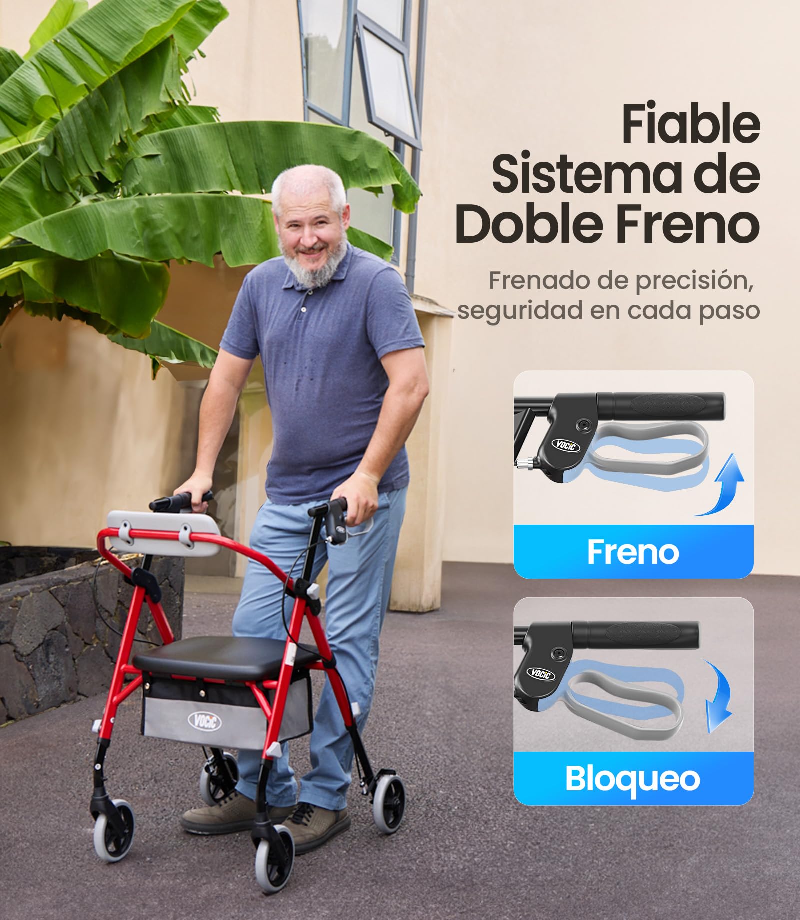 VOCIC Andador plegable ligero con asiento, 6,3kg Ultraligero, Max 150 kg | andador para ancianos con ruedas, asiento ergonómico, altura regulable, Walker estrecho para apartamento & viajes, rojo