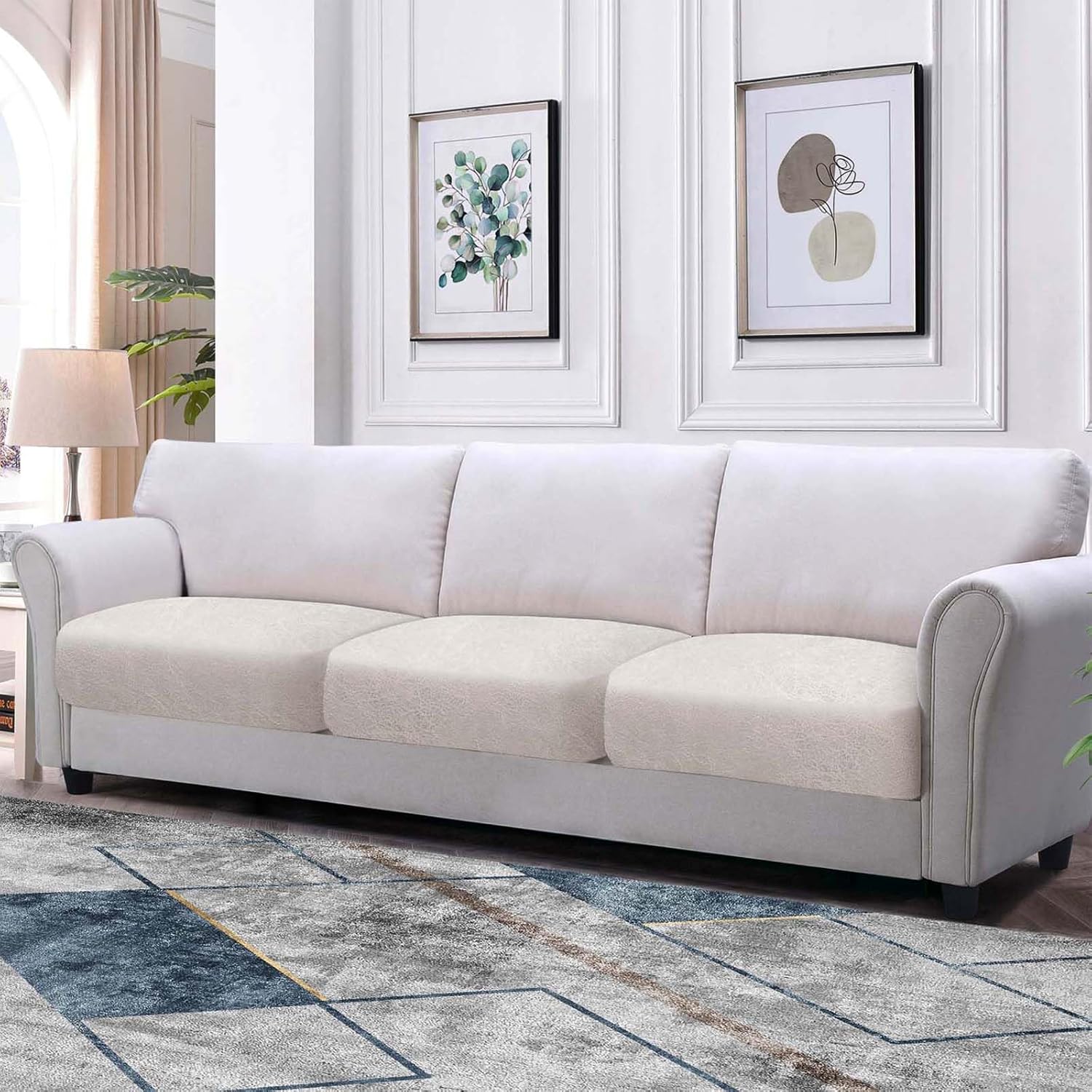 Couch Cushion Covers Leather Look Sofa Covers for 3 Cushion Couch Individual Seat Cushion Covers Stretch Slipcovers Sets Furniture Protector, Pets Friendly(3PCS Sofa Cushion Covers, Ivory)