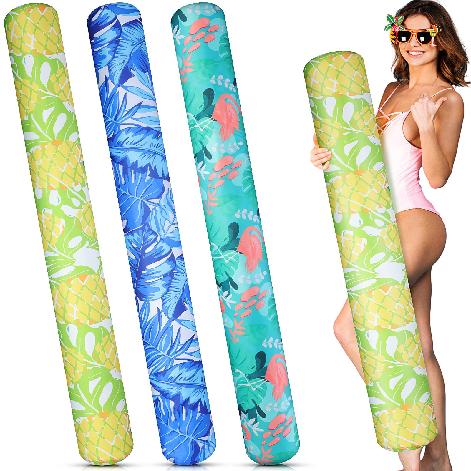 Blueweenly Inflatable Swim Pool Noodles 3 Pack Large Swim Floats for Adults Soft Fabric Covered Pool Noodles for Summer Vacation Sea Beach Lake Exercise Party