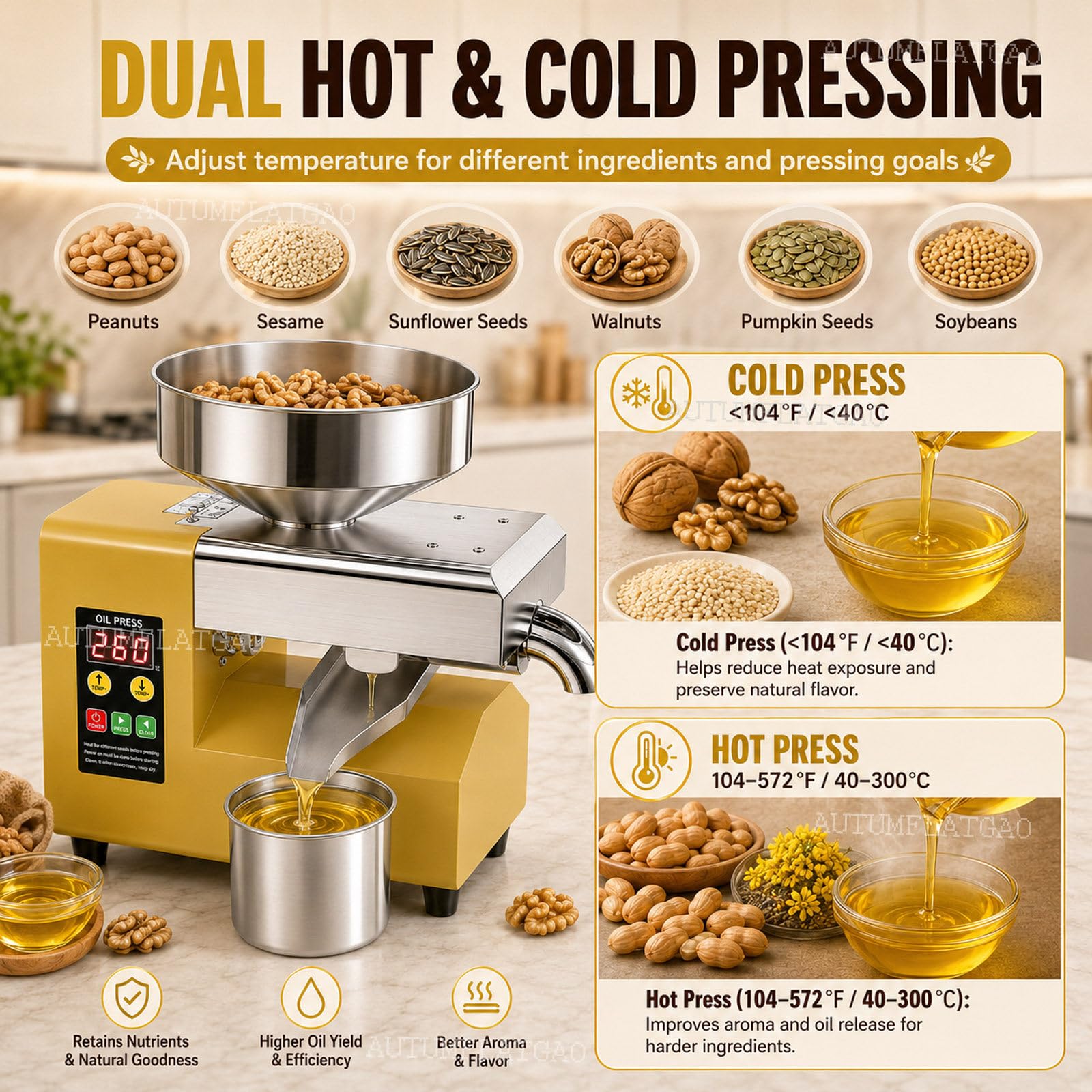 Prensa De Aceite 1500 W, Prensado En Frío Y Caliente Para Nueces Y Semillas | Ajuste De 40–300℃ Para Prensado Suave O En Caliente De Cacahuetes, Sésamo, Girasol, Nueces Y Otras Semillas