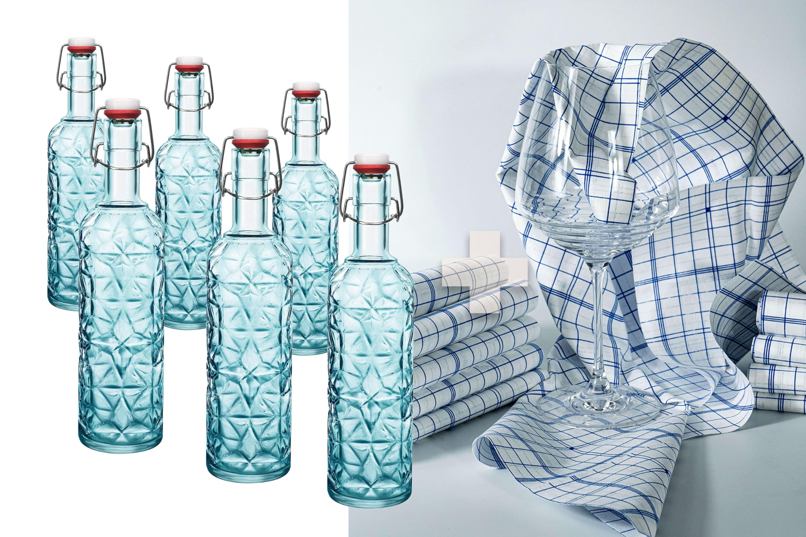 LGC Bundle | 6x Bormioli Rocco Oriente Flasche in blau, mit Bügelverschluss, 1Liter + 1 Trockentuch aus Microfilament gratis dazu