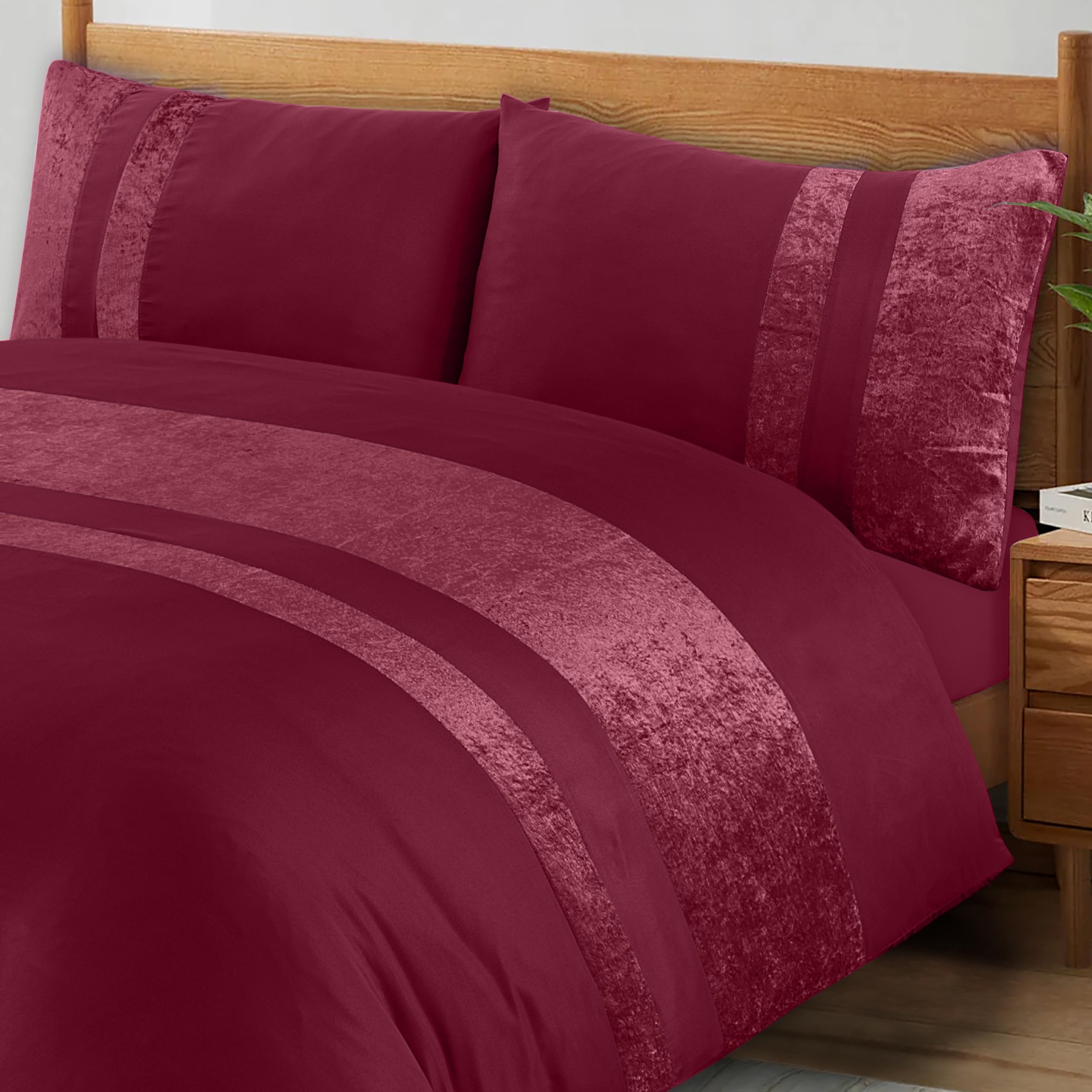 ZZZMRH Luxury Crushed Velvet Single Duvet Cover Sets with 1 Pillow Case Single Bedding – Burgundy Color Crush Velvet Panel Band Duvet Covers
