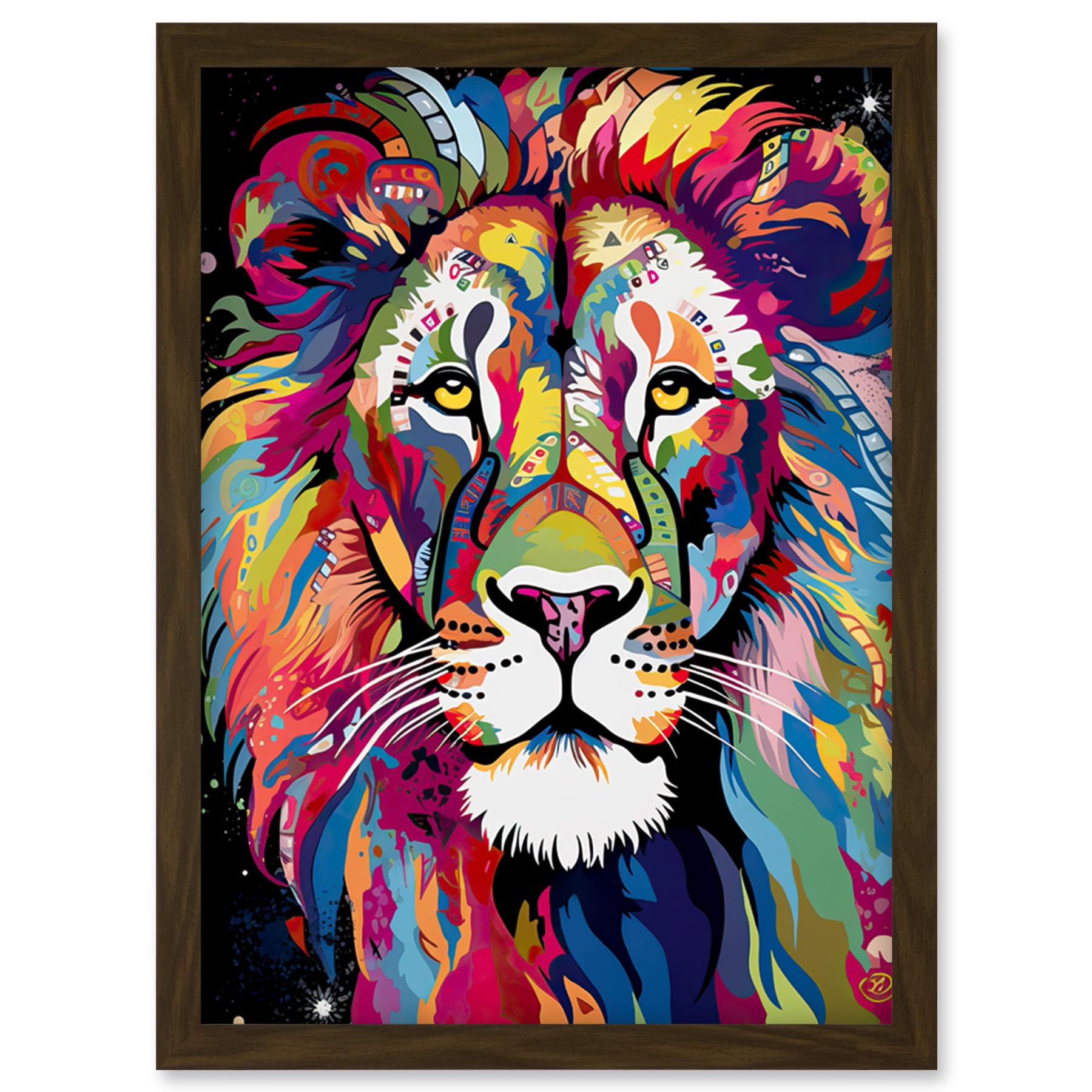 Artery8 Magnificent Lion Head Psychedelic Folk Portrait Colourful Vibrant Bold Jungle Artwork Framed Wall Art Print A4
