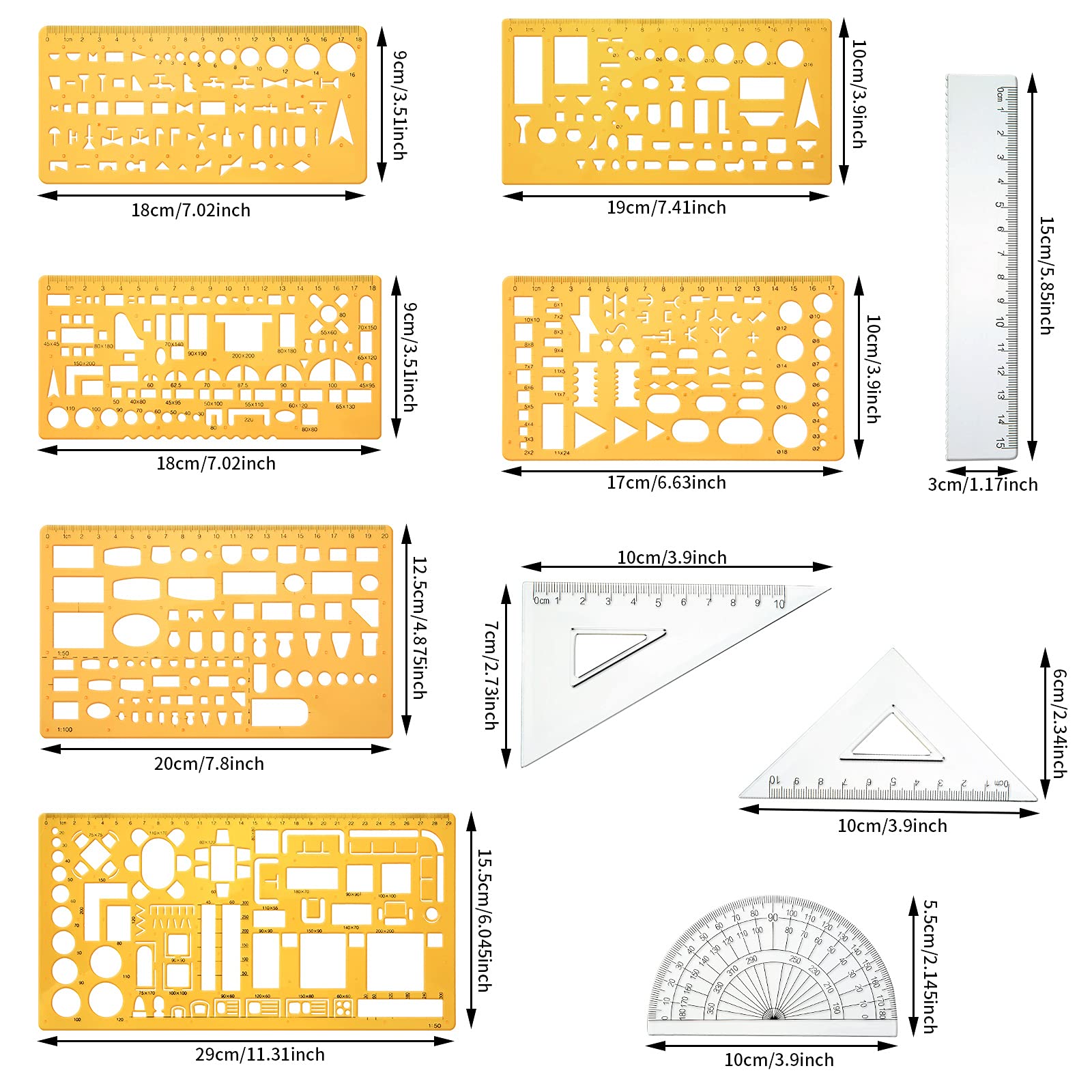 Zonon 10 Pcs Plastic Drawing Template Ruler Geometric Drawing 12 Inch Triangular Aluminum Architect Scale Measuring Templates Building Geometric Kit Plastic Ruler for Drafting(Yellow, Simple Style) - Image 3
