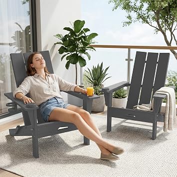 Tappio Outdoor Folding Adirondack Chairs Set of 2, HDPE All Weather Porch Chair with Cup Holders and Phone Holders, Plastic Fire Pit Chairs, BackyardGray