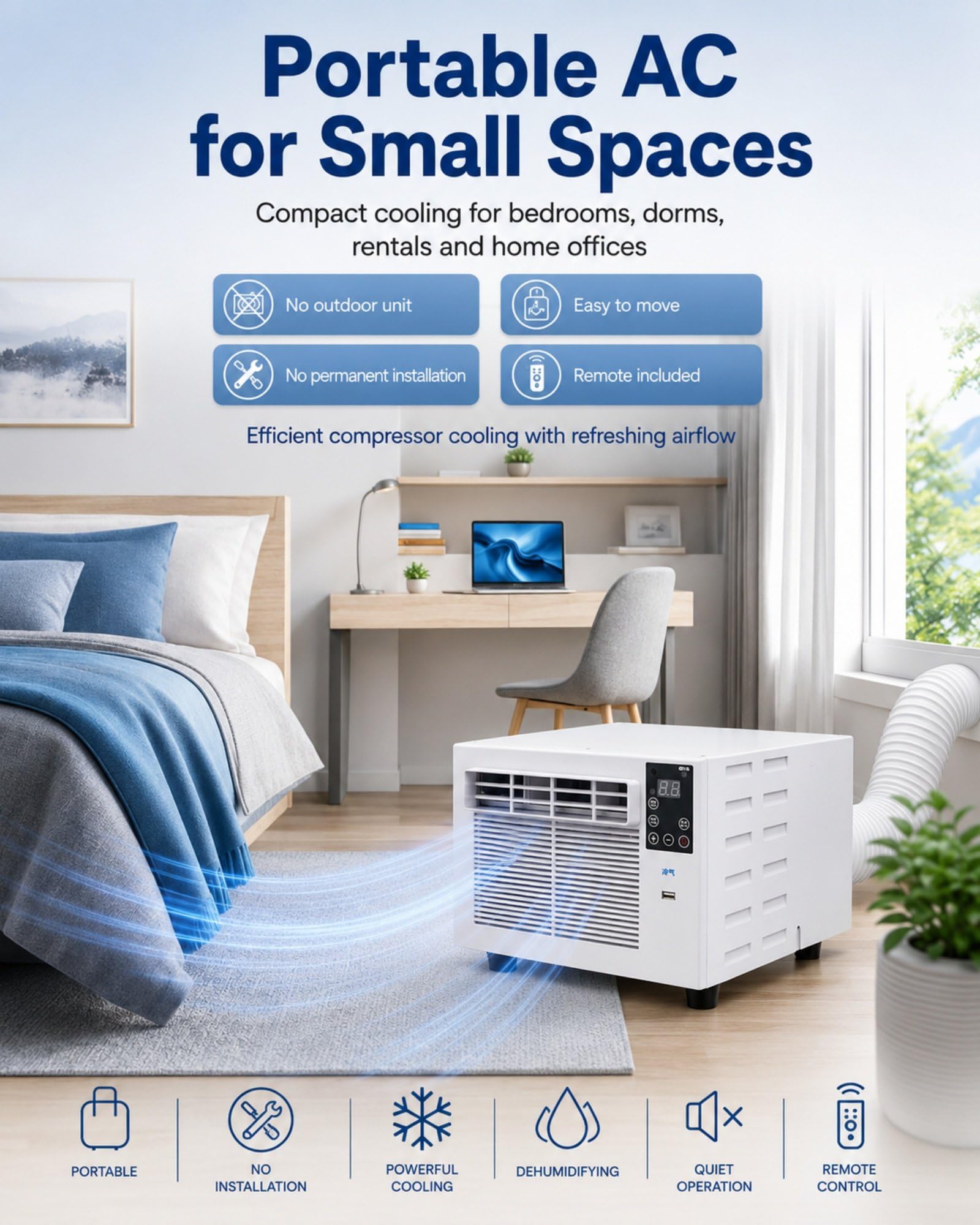 Aire Acondicionado Portátil 750W para 4m² con Tubo de Salida, Dormitorios, Oficinas, Estudios | Ruido De 24–35db, Temporizador 1–12h, Control Remoto, Modos FríO Seco VentilacióN