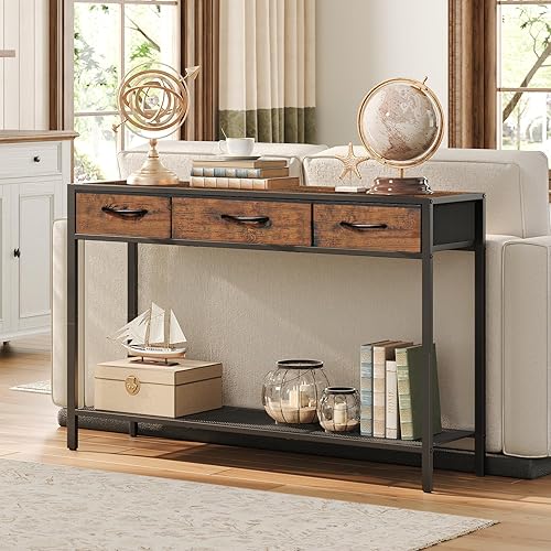 Miniatura 4 de Mesa consola con 3 cajones de tela, mesa de entrada industrial con almacenamiento, mesa de sofá estrecha para sala de estar, entrada, pasillo, sofá,