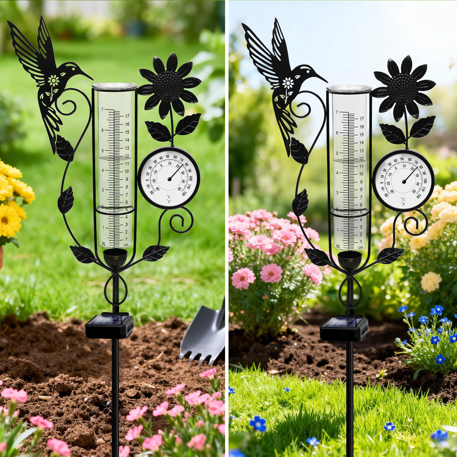 YJFWAL Kolibri-Regenmesser für den Außenbereich, dekorativer Metall-Sonnenblumen-Solar-Regenmesser mit LED-Licht und Thermometer, Gartendekoration für Hof, Rasen, Weg, Bauernhof