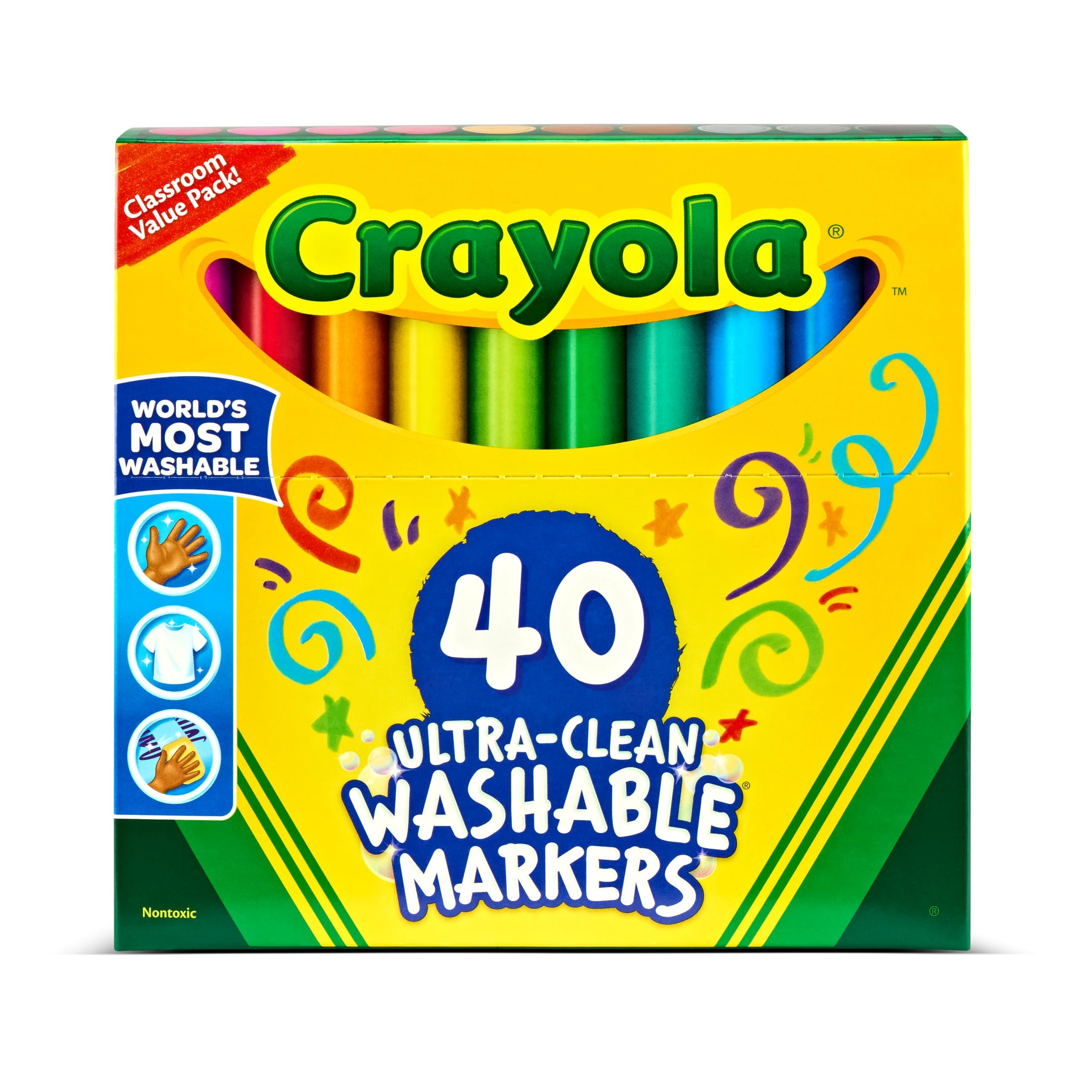 Crayola - Pennarelli ultra puliti, lavabili, 40 colori classici tossici, per bambini e neonati, grande varietà di colori accesi e vivaci, ideali per aule