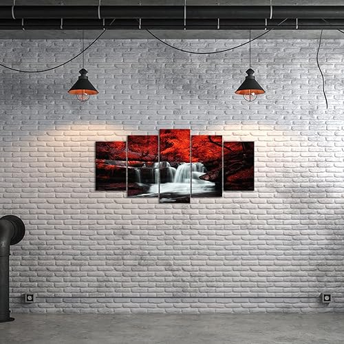 Miniatura 3 de LevvArts Arte de pared blanco y negro, 5 piezas de bosque de árbol rojo, cascada, lienzo impreso en lienzo de otoño pinturas de paisaje enmarcadas