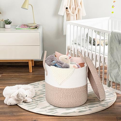 Miniatura 5 de Cesta de almacenamiento grande de 15 x 13 pulgadas con tapa, cesta de manta para sala de estar, cestas de cuerda de algodón tejida para