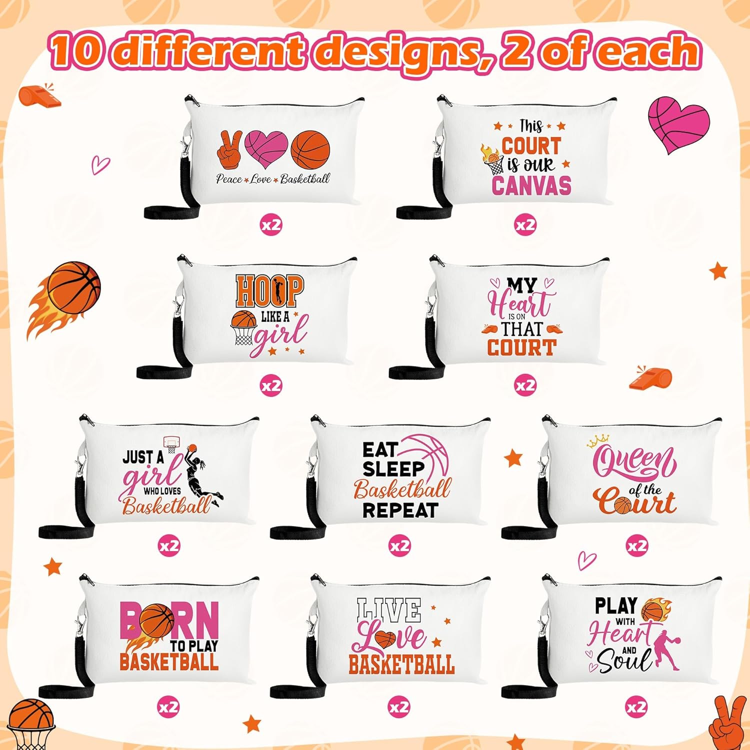 R HORSE 20Pcs Basketball Makeup Bag for Girls, Basketball Gifts Teen Canvas Cosmetic Bag With Zipper Funny Travel Bags Toiletry Pouch Accessories for Team Players Lover