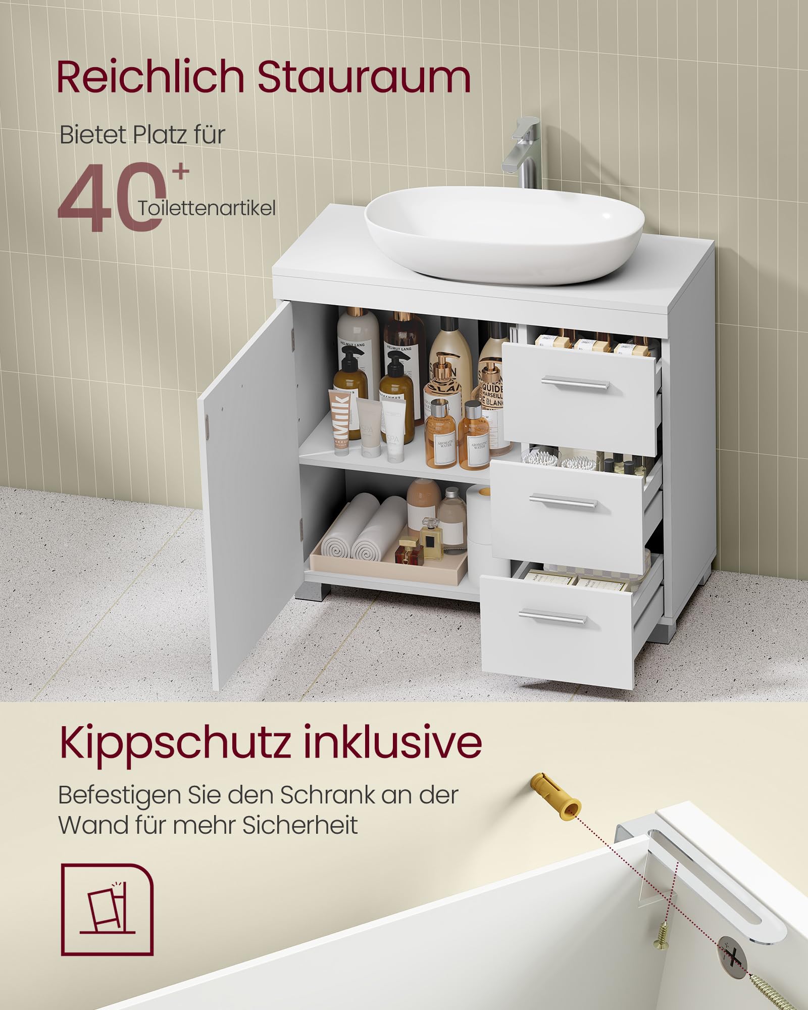 VASAGLE Waschbeckenunterschrank, Badezimmerschrank, 3 große Schubladen, 30 x 70 x 64 cm, Badschrank, 2 Fächer hinter der Tür, Badezimmer-Unterschrank mit Füßen, wolkenweiß BBK503W10