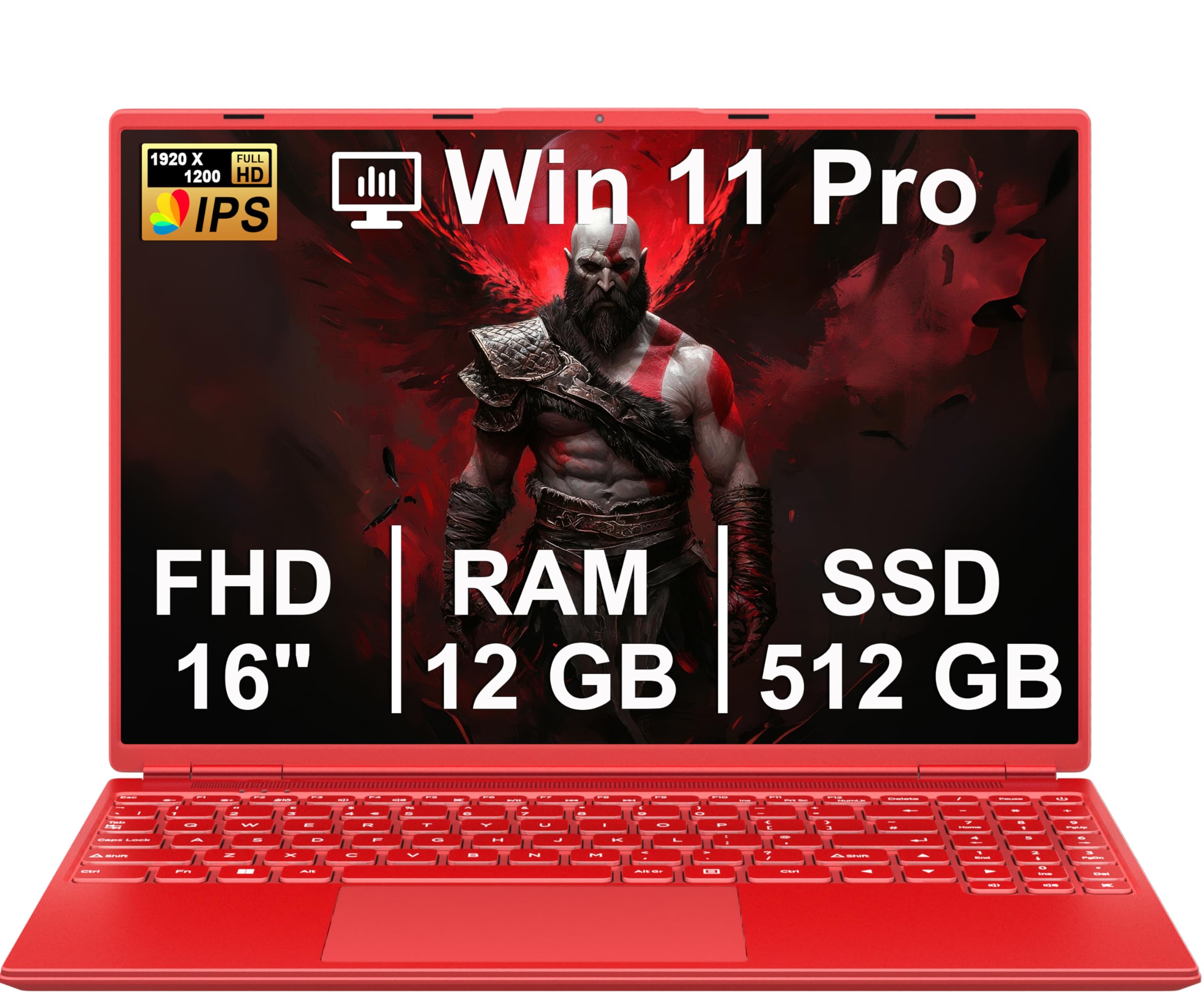 Gaming Laptop 16 Zoll Win 11 Notebook 12+512GB SSD Unterstützung 1TB | 1920x1200 Notebook 4-Core Celeron N5095 (bis 2.9GHz) Laptop mit Nummerntastatur WiFi Mini HDMI Deutscher Tastaturschutz-Red