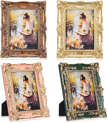Kathfly Juego de 4 portarretratos pequeños vintage de 5 x 7 pulgadas, marco de fotos rectangular clásico con flores doradas en relieve, retro gótico