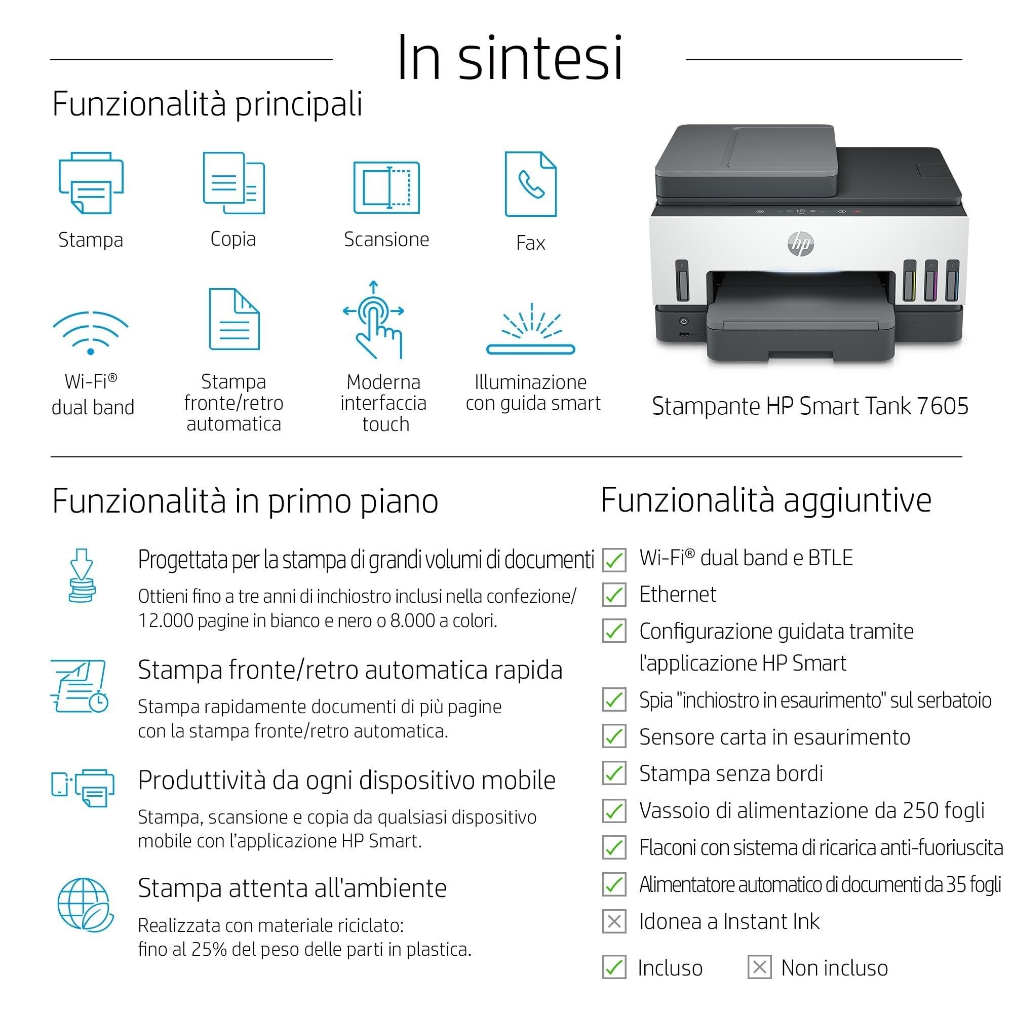 HP Smart Tank 7605 Stampante Multifunzione a Colori, Serbatoio d'Inchiostro, Fino a 12000 Pagine Nero, 8000 Pagine Colore, F/R Automatica, Wi-Fi, Grigia