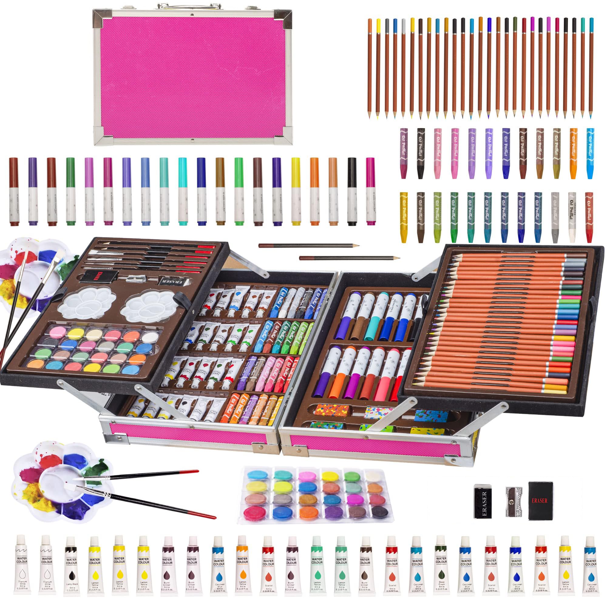Etui na artykuły artystyczne, 145 sztuk, rękodzieło, malarstwo, kolorowanie, rysunek z podkładką do szkicowania, Deluxe, przenośne warstwy, aluminiowe pudełko prezentowe w stylu wężowej skóry dla